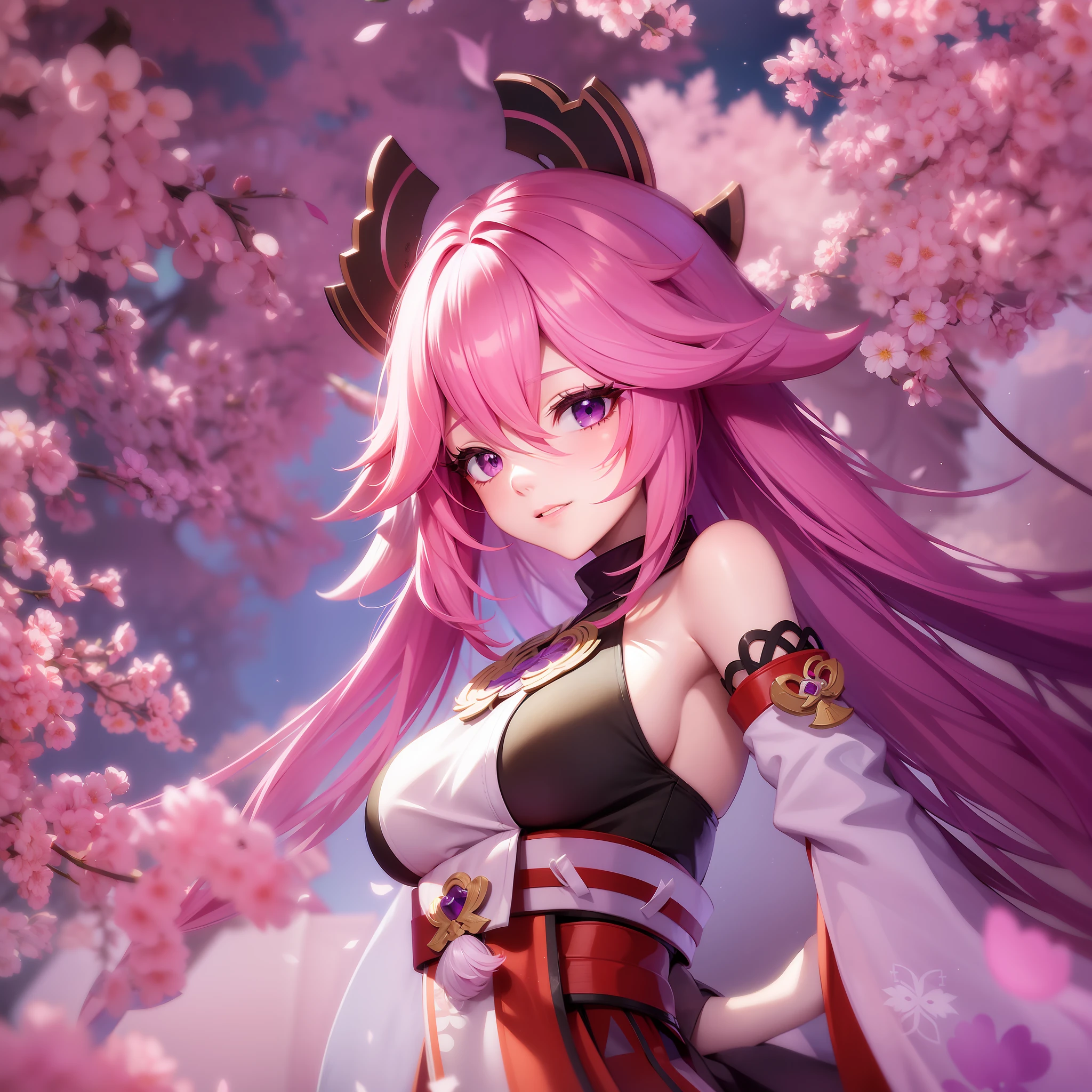 Yae Miko, Pink Hair, Purple eyes, Shitao art style