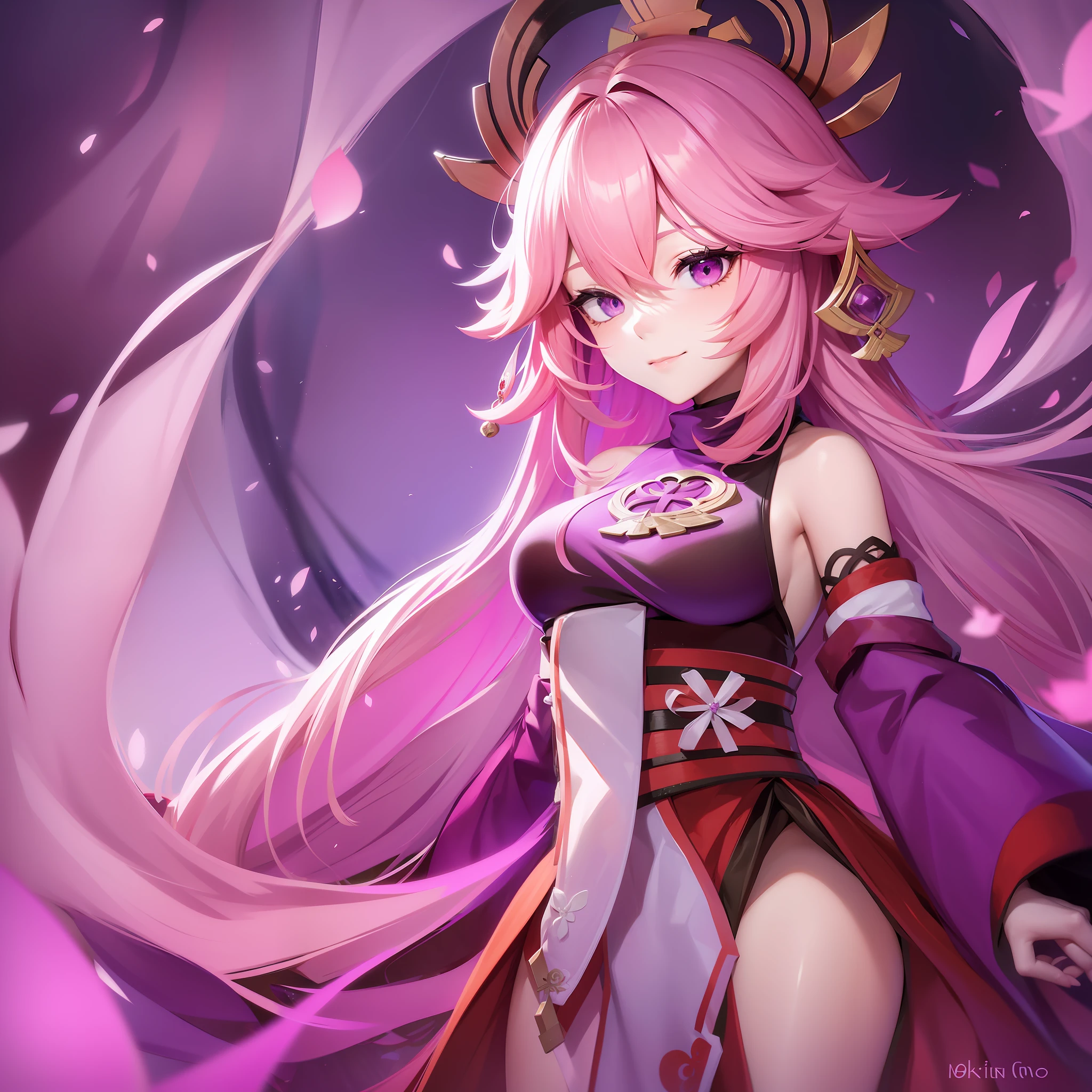 Yae Miko, Pink Hair, Purple eyes, Shitao art style