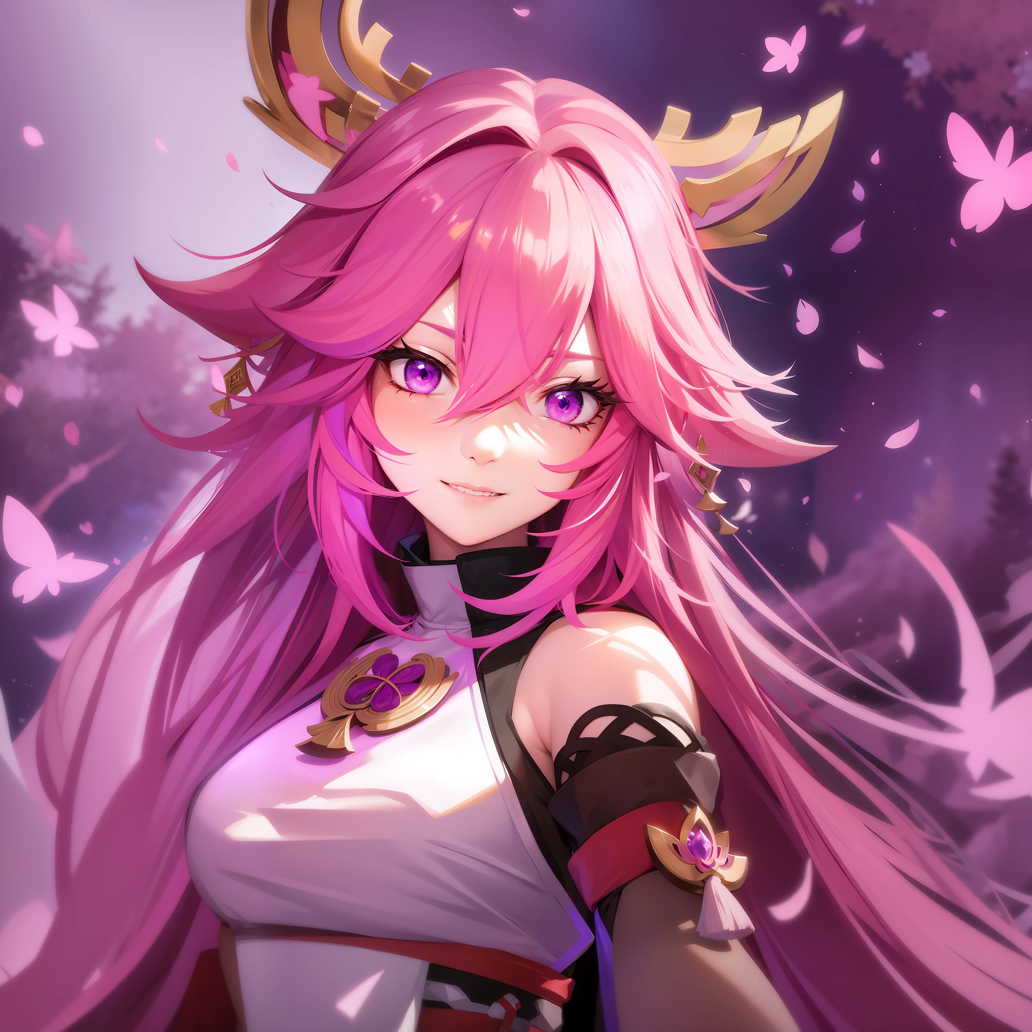Yae Miko, Pink Hair, Purple eyes, Shitao art style