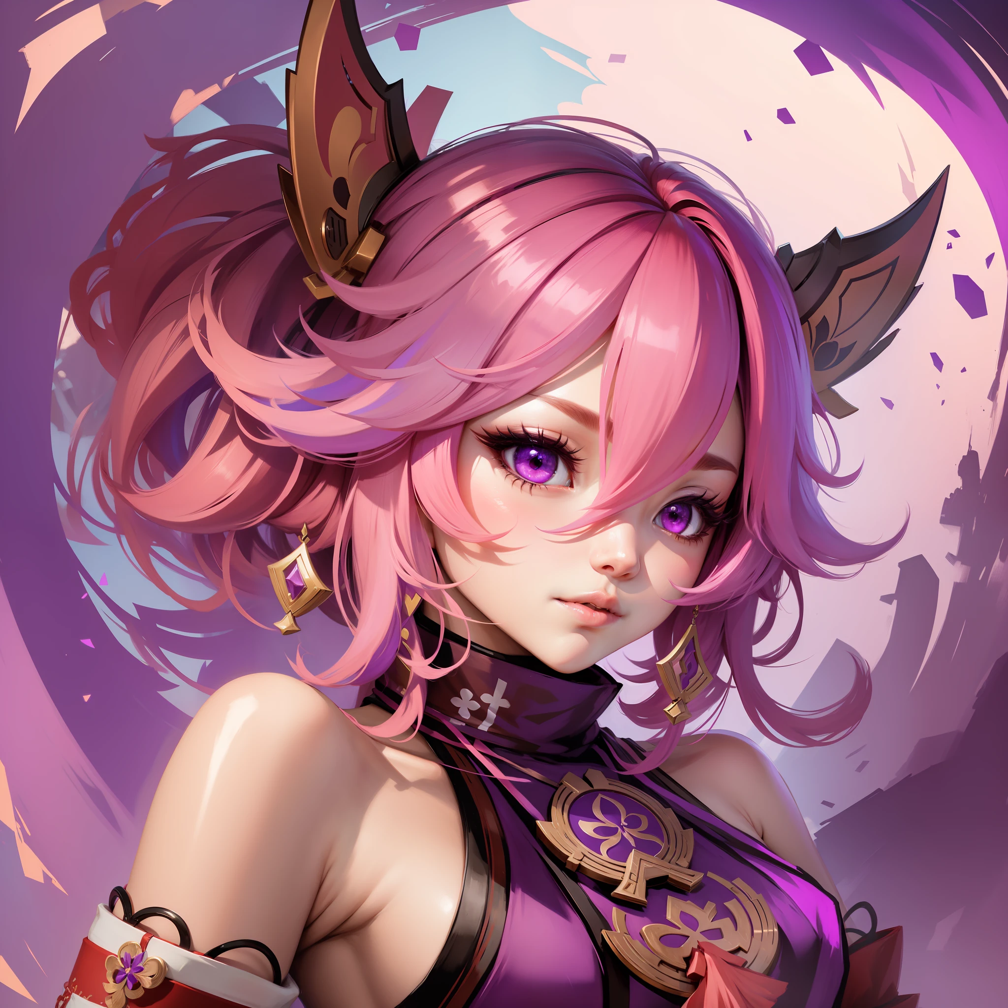 Yae Miko, Pink Hair, Purple eyes, Shitao art style