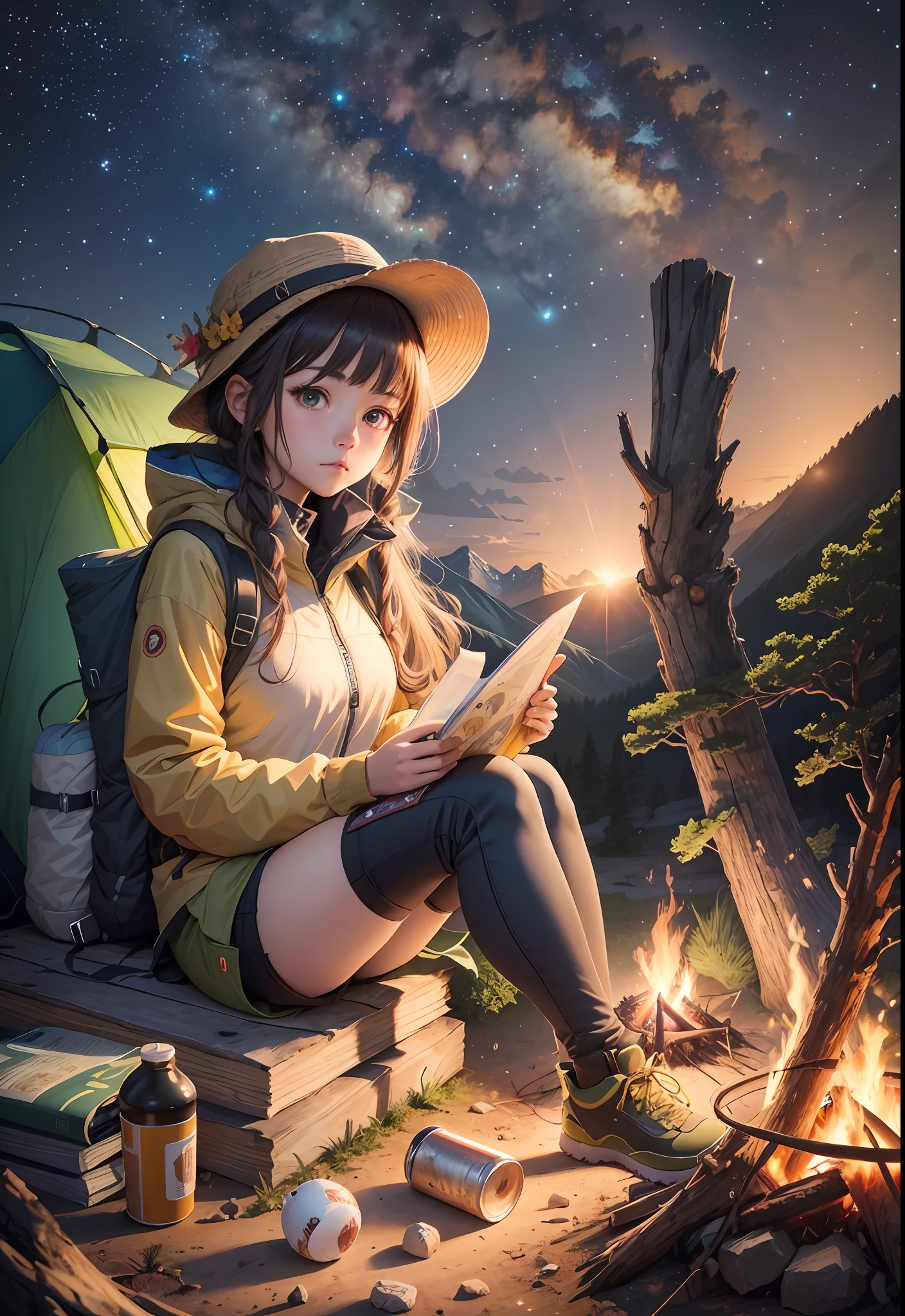 masterpiece, best quality, ultra-detailed, illustration, 1girl, solo, outdoors, camping, night, a girl sitting on a rock next to a campfire, an anime drawing, by Yang J, nixeu and sakimichan, hiking clothes ,beautiful detailed eyes,night sky, starry sky, campfire, camping,