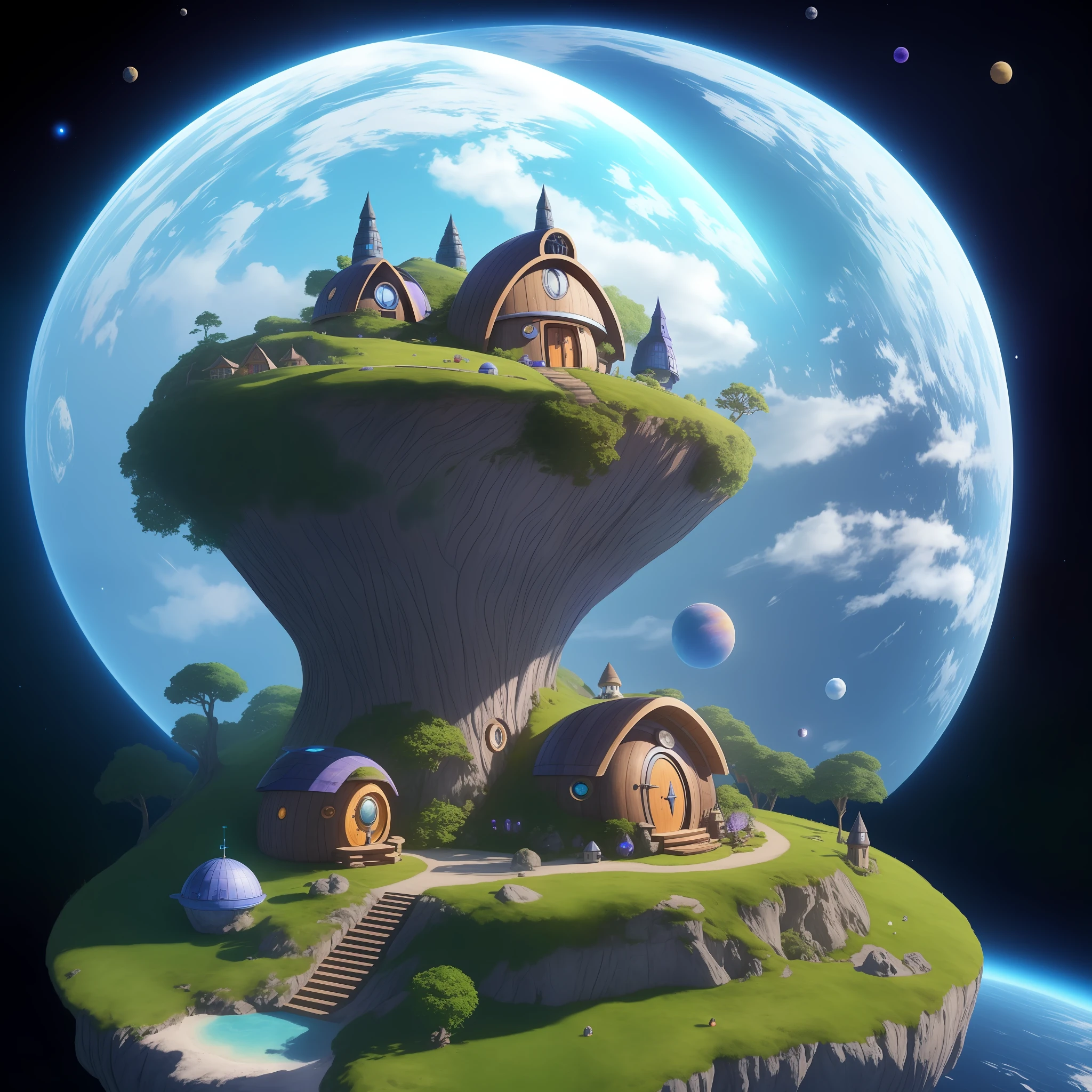 An island in cideral space with a futuristic hobbit house on top (ultra realistic) with planets behind the house (very bright) front view (masterpiece) with blue and purple color palette