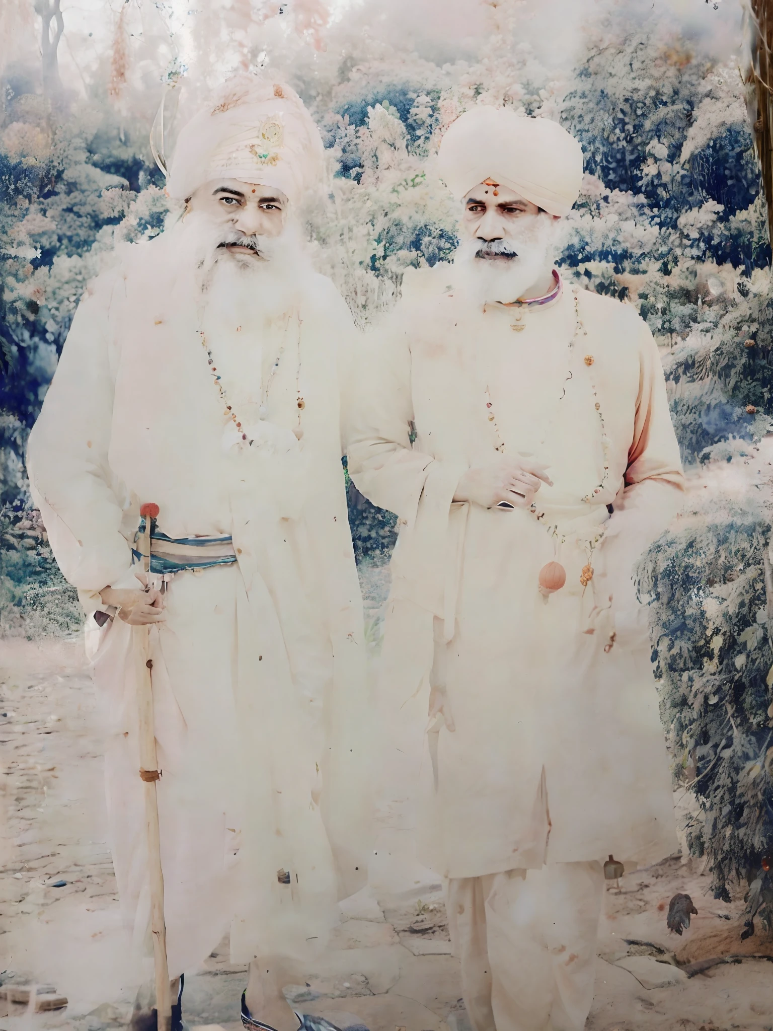 Two men standing in a garden with sticks, wearing rudraksha garland around neck, by saint, tilak on forehead, old color photograph, real photograph, inspired by saint, old photograph, color photo, famous photo, rare photograph, real picture, detail painting, Color photograph, real image