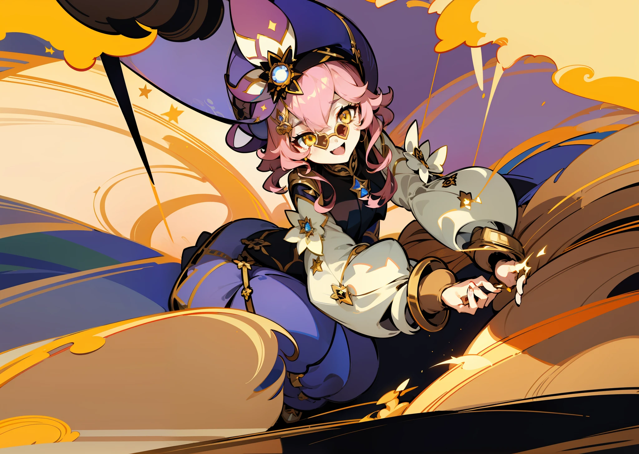 (1girl), illustration, Dori \(Genshin Impact\), star \(symbol\), golden eyes, yellow eyes, glowing eyes, gold jewelry, rose-colored glasses, landscape, night, reflection, magic, radiance, cosmos, star explosion, money, pestilence, fun, laughter, cunning face