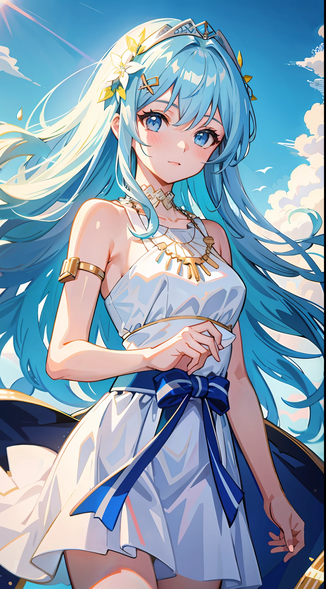 1girl, goddess, immortal, white clothes, greek clothes, bare shoulders, light blue hair, long hair, hair ornament, necklace, winds, blue sky, detailed background, cowboy shot
