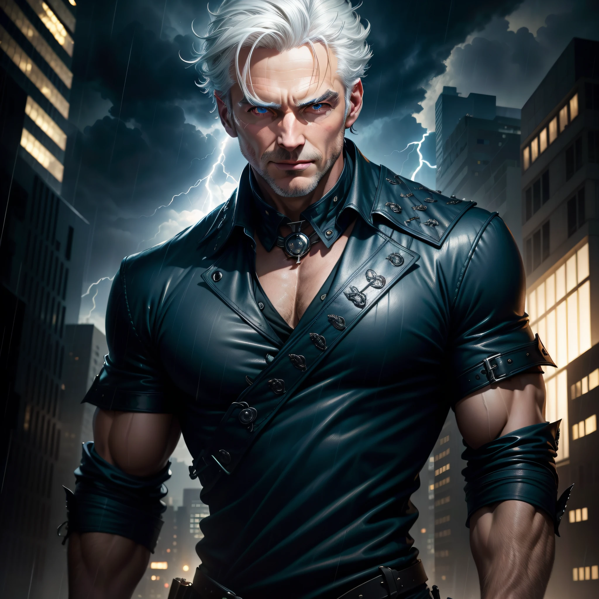 masterpiece, (photorealistic: 1.4), best quality, a grown man flying in the skies of a city during a storm with lightning and rain and strong winds, dress in black and blue clothing, defined body, white hair, crazy eyes, evil smile, intricate details, natural light, RAW photo, Art Deco, glowing light, optical illusion, rococo style, UHD, 16k