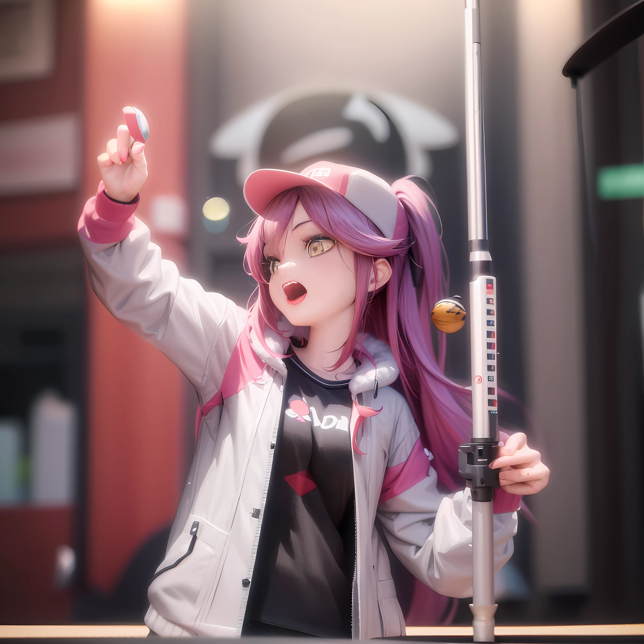 Anime girl with black hair holding fishing rod and baseball cap, anime style 3D, realistic anime 3D style, Guvez style artwork, cute 3D anime girl rendering, anime style. 8K, 8K Art Bacteria Bokeh, Stylized Anime, Anime Style 4 K, 3d Anime Girl, Kawaii HQ Rendering