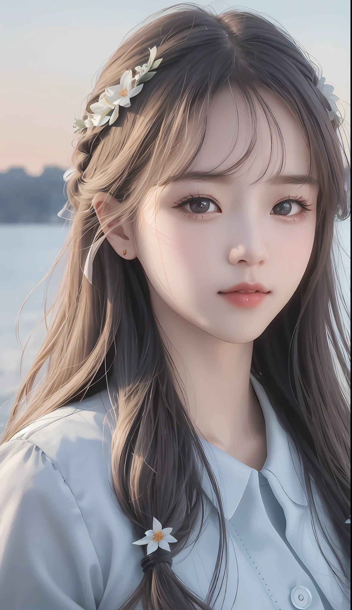 Close-up of a long-haired young girl wearing a flower headband, cute nature anime face, cute and delicate face, young cute Korean face, cute thin face of girl, wan cute Korean face, beautiful aesthetic face, with cute - fine - face, beautiful and delicate face, very beautiful girl, Lalisa Manobal, cute doting eyes, suspenders, black silk,