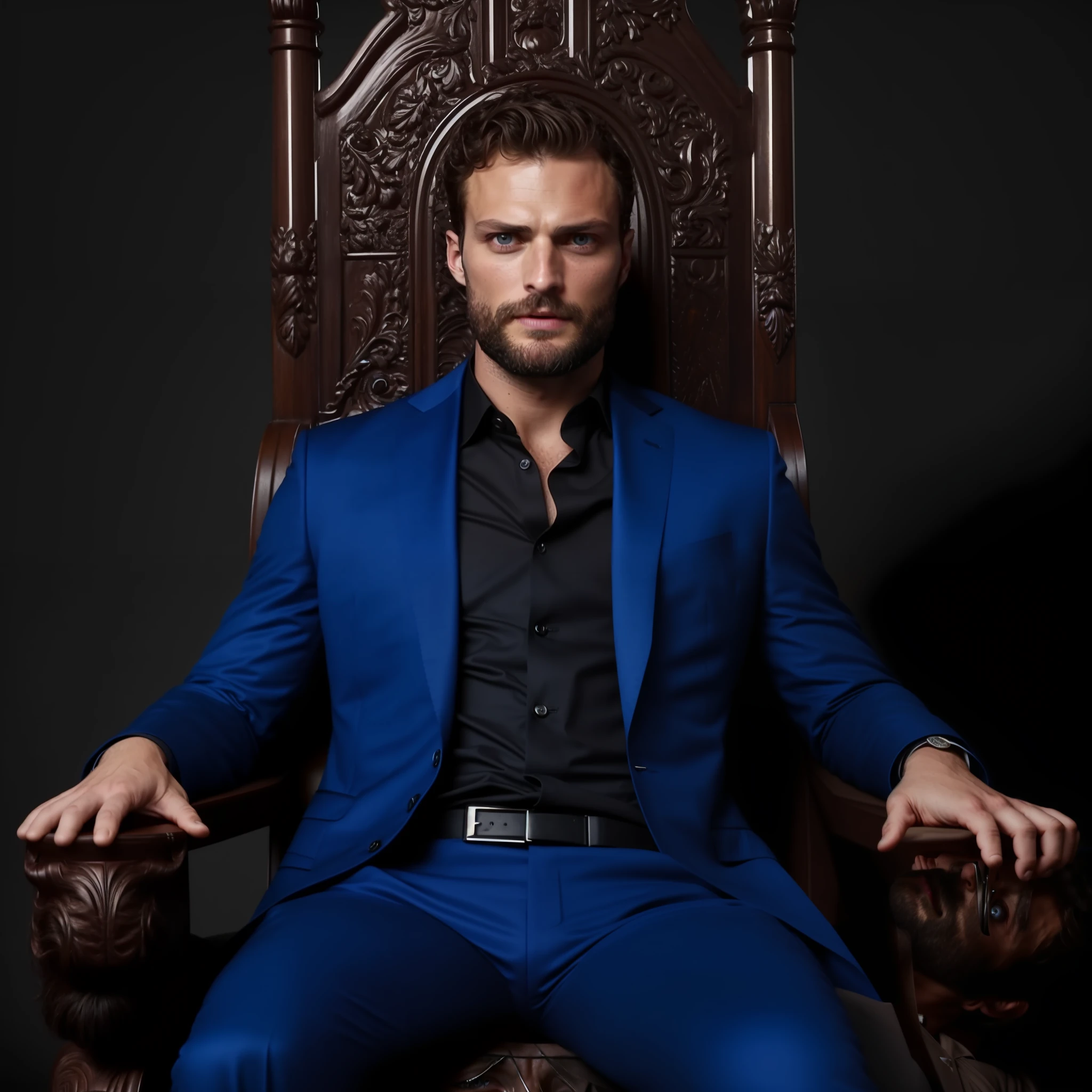 Create a Ceo wearing black suit, symmetrical and beautiful eyes, stare fixed in the center of the image, face details, Jamie Dornan, very handsome and attractive, black beard and detached, strong and muscular, dark short hair, tanned skin, 8k resolution, best quality, similar to actor Jamie Dornan, pe, close up.