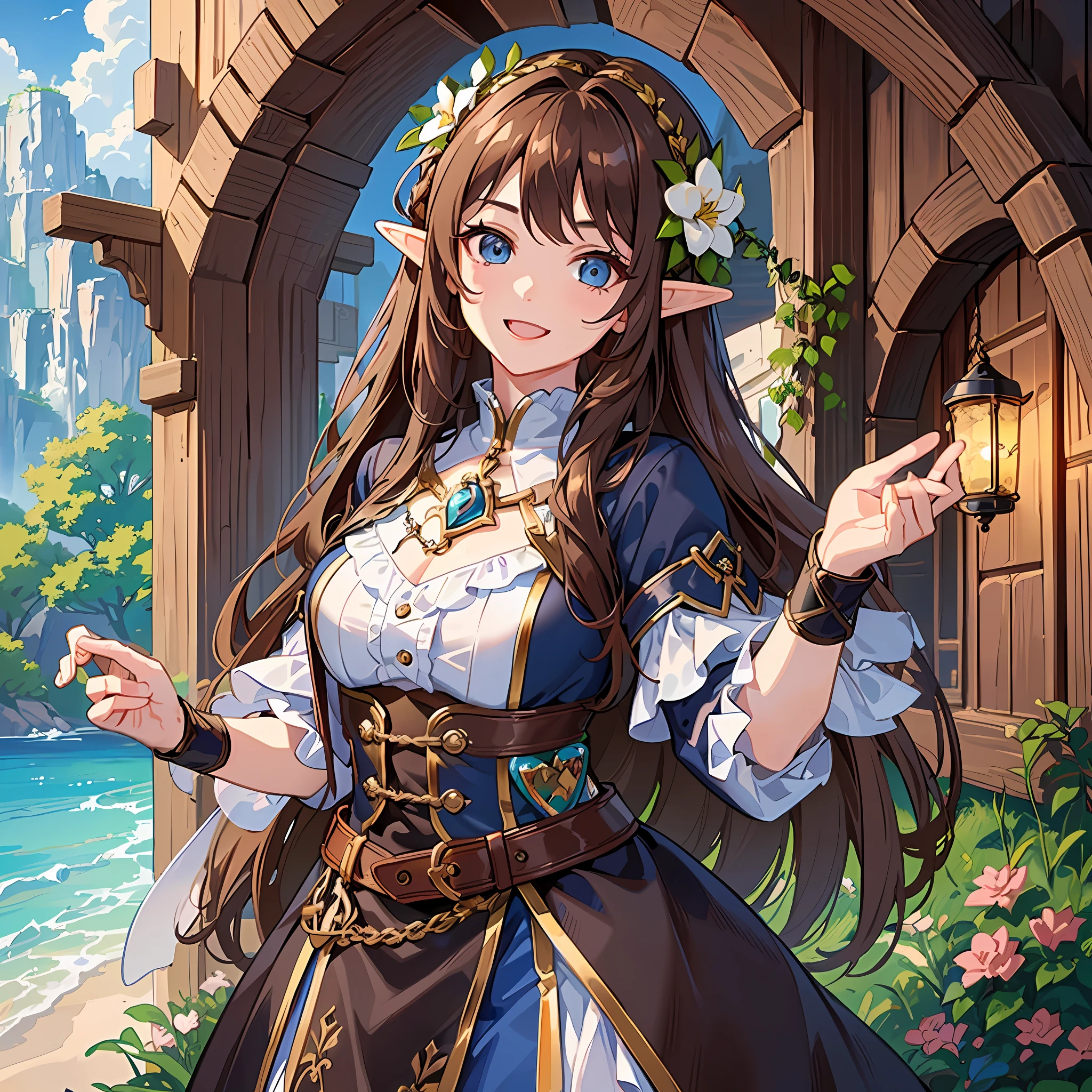 ((best quality))) (((HD))) (((8k))) (character) 20-year-old girl, ((adventurous)) elf, ((beautiful)) and ((happy)), ((brown hair)) and ((long hair)).