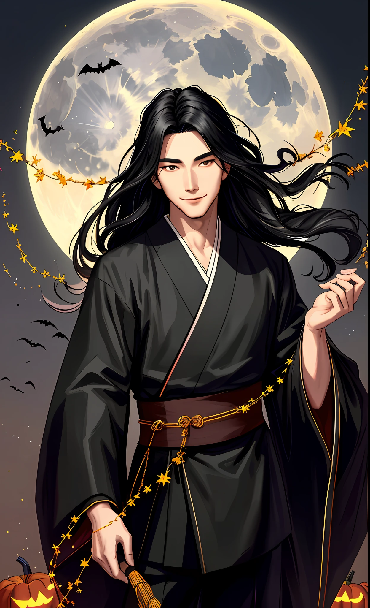 Masterpiece, Best Quality, Realistic, Portrait, 1 Man, Male Focus, Tall, Cute, Smile, Closed Mouth, Black Kimono, Black Pants, Portrait, Extremely Detailed Face, Fall Halloween Season, Korean Face, Idol Face, Long Black Hair, Cinematic Lightning, Dramatic Light Background, October, Moon, Night Time