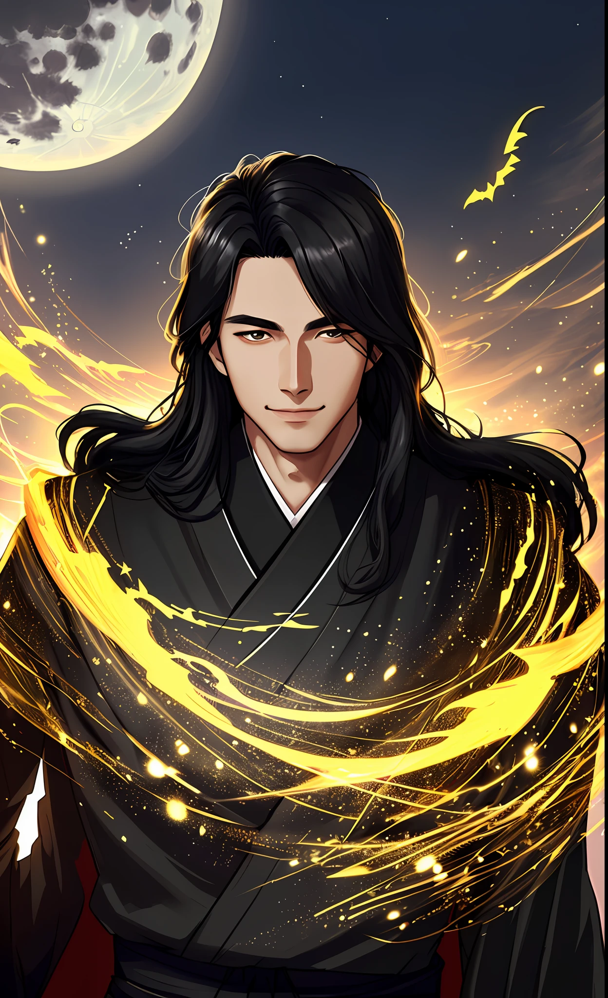 Masterpiece, Best Quality, Realistic, Portrait, 1 Man, Male Focus, Tall, Cute, Smile, Closed Mouth, Black Kimono, Black Pants, Portrait, Extremely Detailed Face, Fall Halloween Season, Korean Face, Idol Face, Long Black Hair, Cinematic Lightning, Dramatic Light Background, October, Moon, Night Time