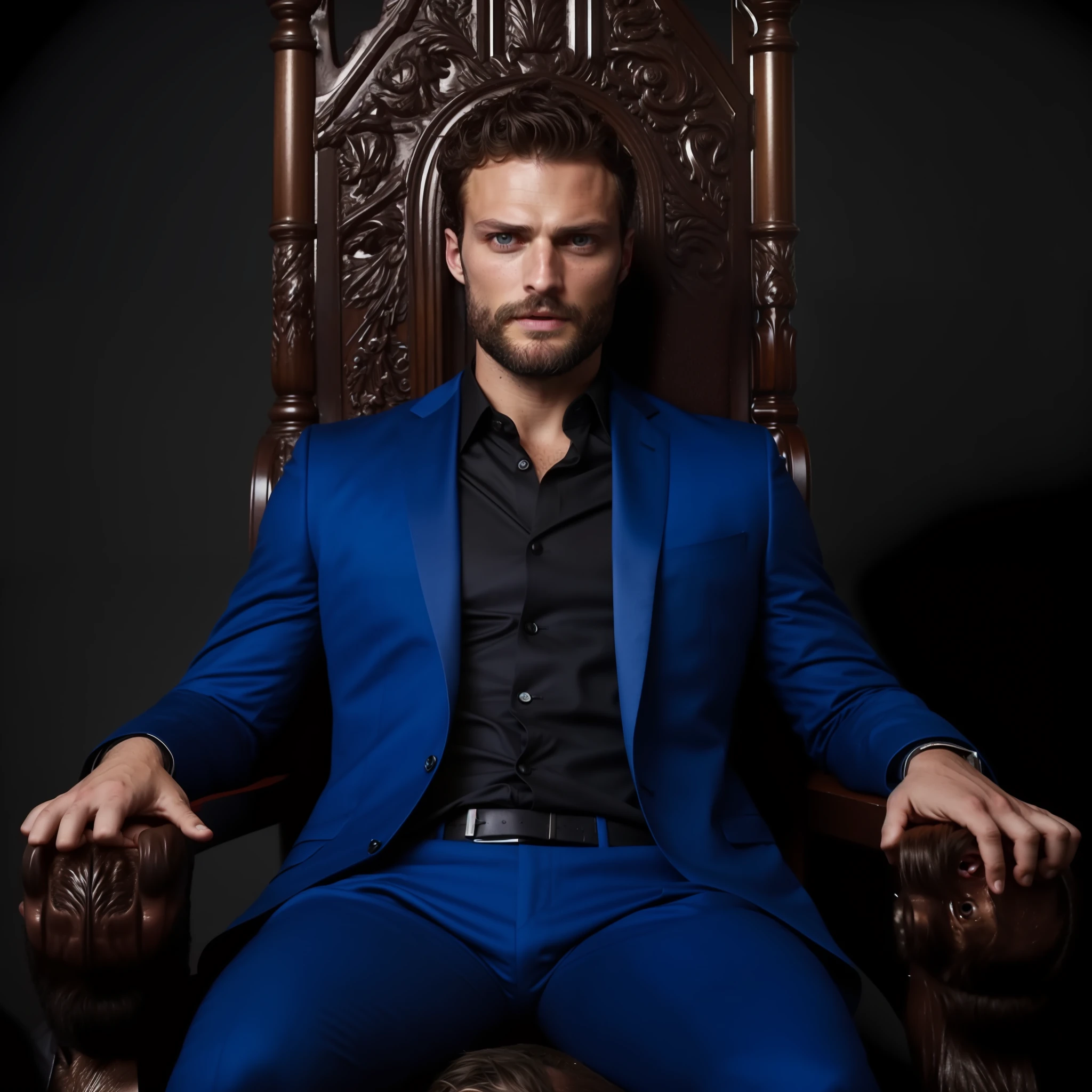 Create a Ceo wearing black suit, symmetrical and beautiful eyes, stare fixed in the center of the image, face details, Jamie Dornan, very handsome and attractive, black beard and detached, strong and muscular, dark short hair, tanned skin, 8k resolution, best quality, similar to actor Jamie Dornan, pe, close up.
