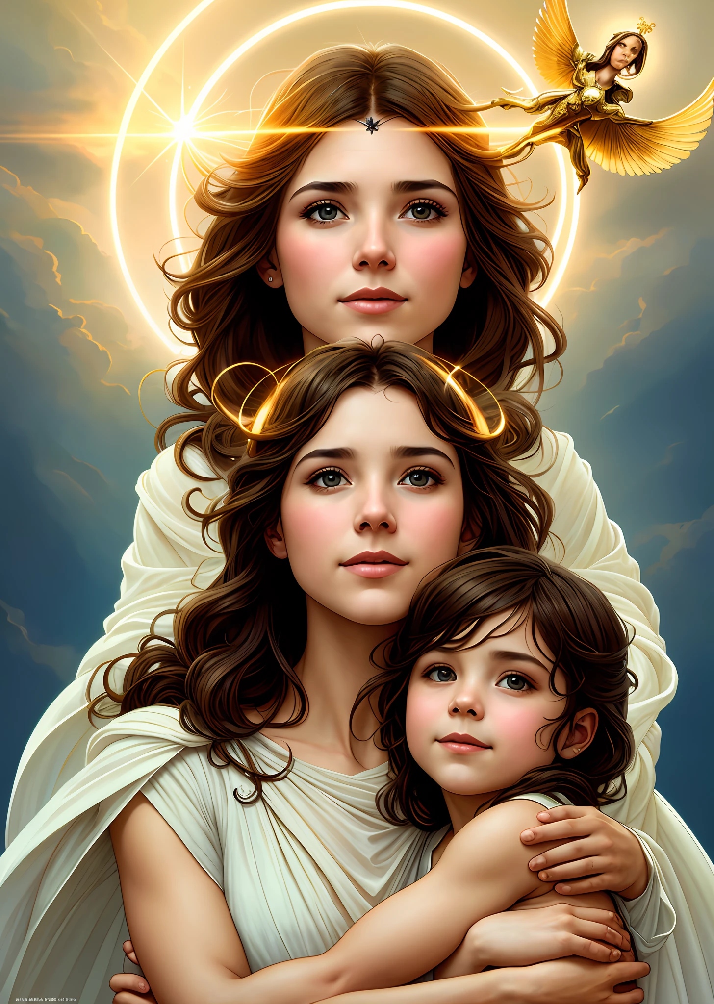 masterpiece, woman and child, holy virgin mary with little boy in her arms, ((halo over head)), smiling, heavenly sky, half body, ((divine light)), ethereal, clouds, back lighting, realistic portrait, symmetrical, strong, intricate drawing, highly detailed, digital painting, art station, concept art, fluid, sharp focus, illustration, against heaven's gate, cinematic lighting, works by artgerm and greg rutkowski and alphonse mucha