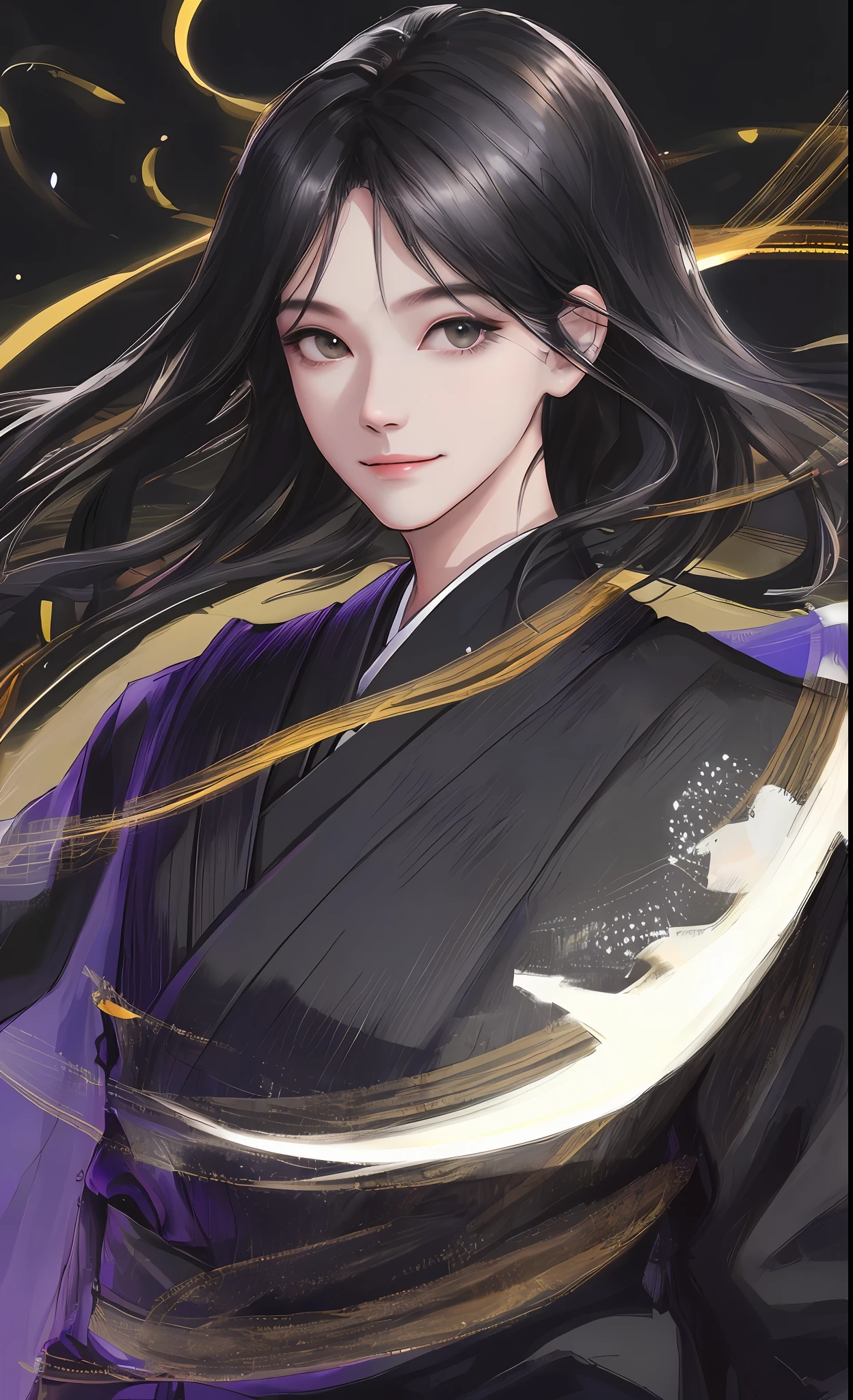 Masterpiece, Best Quality, Realistic, Portrait, 1 Man, Male Focus, Tall, Cute, Smile, Closed Mouth, Black Kimono, Black Pants, Portrait, Extremely Detailed Face, Fall Halloween Season, Korean Face, Idol Face, Long Black Hair, Cinematic Lightning, Dramatic Light Background, October, Moon, Night Time