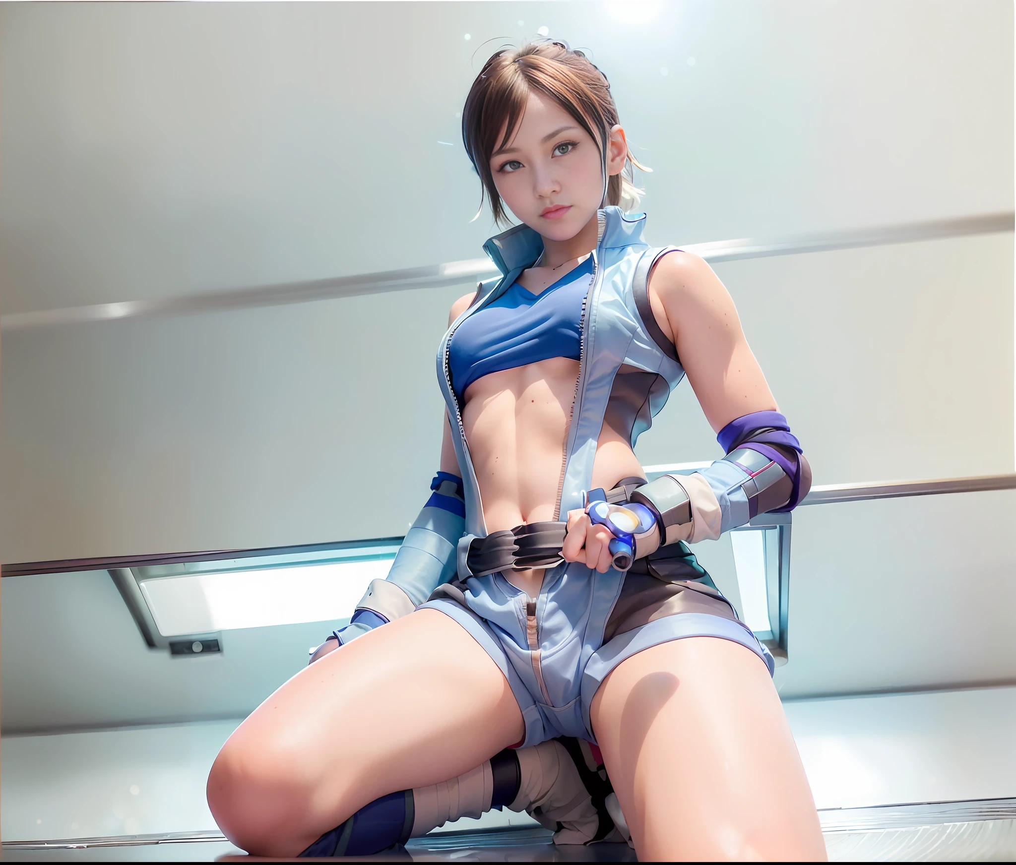 (Skin scars: 1.2), (Skin dents), Black eyes, 1 woman, 25 years old, ((((Female))), Solo, Realistic, Best Quality, Photorealistic, Masterpiece, 8K, High Resolution, Solo, Highly Detailed Face, (Professional Lighting, Bokeh), (Light Particles, Lens Flare, Luminous Particles: 0.6), (Dynamic Pose: 1.2), Soft Lighting, Angle View from Above Fashionable and trendy atmosphere, Japan, street, Tokyo, city, ((daytime)), sky, wire cable, (((viewer: 1)), (watching camera), (portrait: 0.6), cowboy shot, gorgeous, sitting with legs spread, maintaining original facial proportions, broad shoulders, full body, (small) chest), (medium hair), brown hair, floating hair, lips, lipstick, seductive smile, floating hair, smile, open mouth, teeth, (white blouse), (jumper skirt), eyelashes, moles, (moles under the eyes: 1) ), (((Asuka Kazama, opens both legs to show off the crotch))))),((Front angle))))