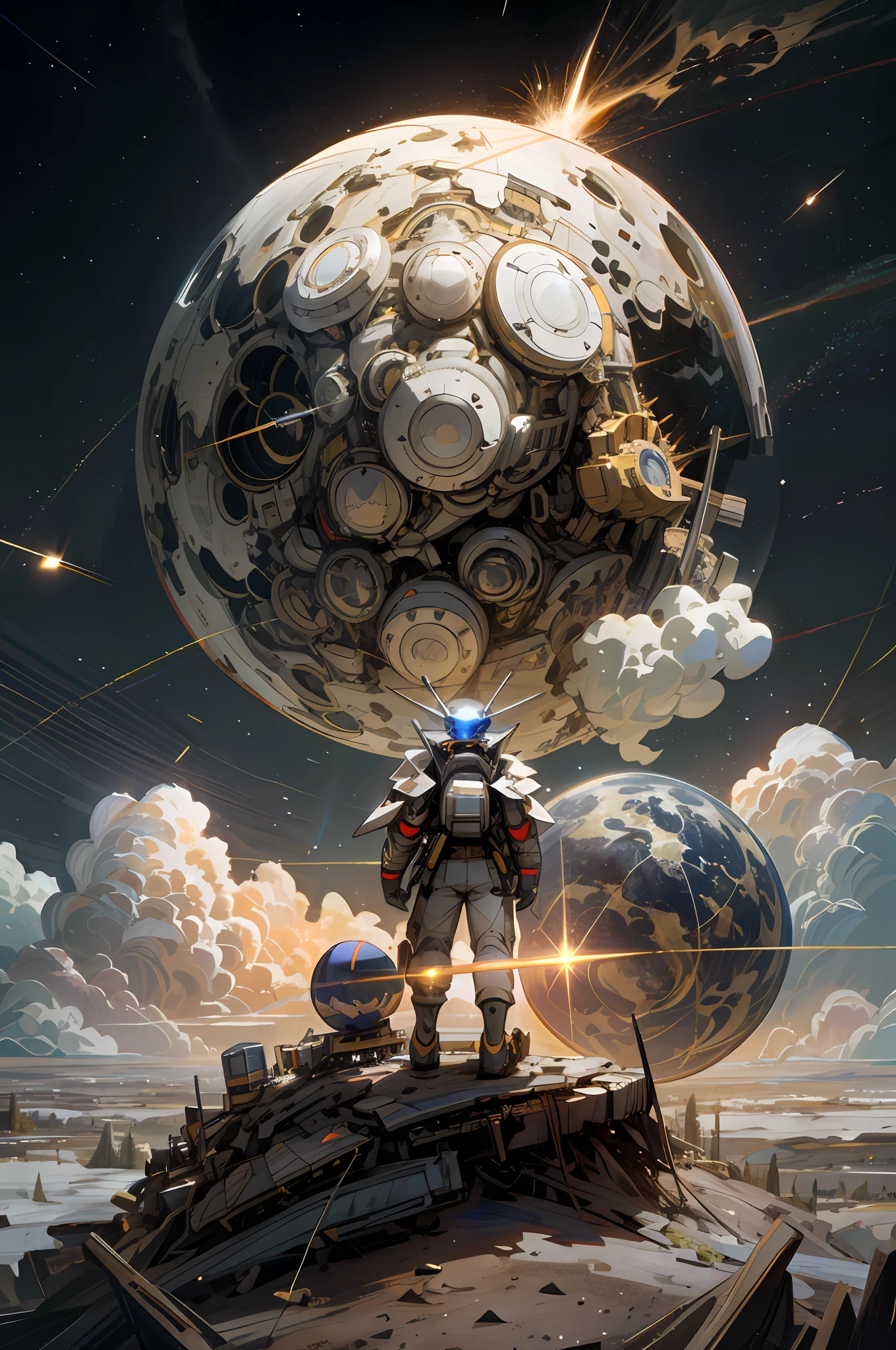 A robot stands on the surface of the moon, saving the earth, explosion, firelight, (gaze at the earth with his back to the viewer), close-up, milky way, launcher, creative, very impressive environment, with many meteorites flying in the air, atmospheric perspective, surrealism, cinematic lighting, divine rays, chiaroscuro, best quality, super detail, high detail, high quality