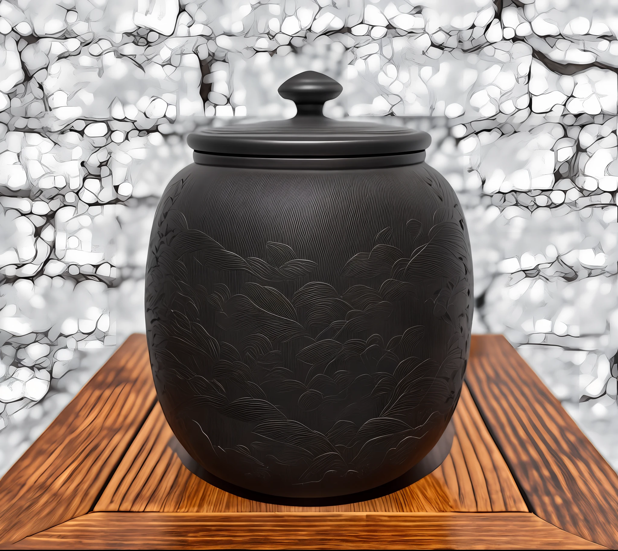Black jar, jar with a small part of simple and smooth line ivory carving, texture layered, rich in humanistic atmosphere, Japanese tea ceremony style, matt black texture, simple and clear background, real and delicate rendering quality, high resolution, 8k
