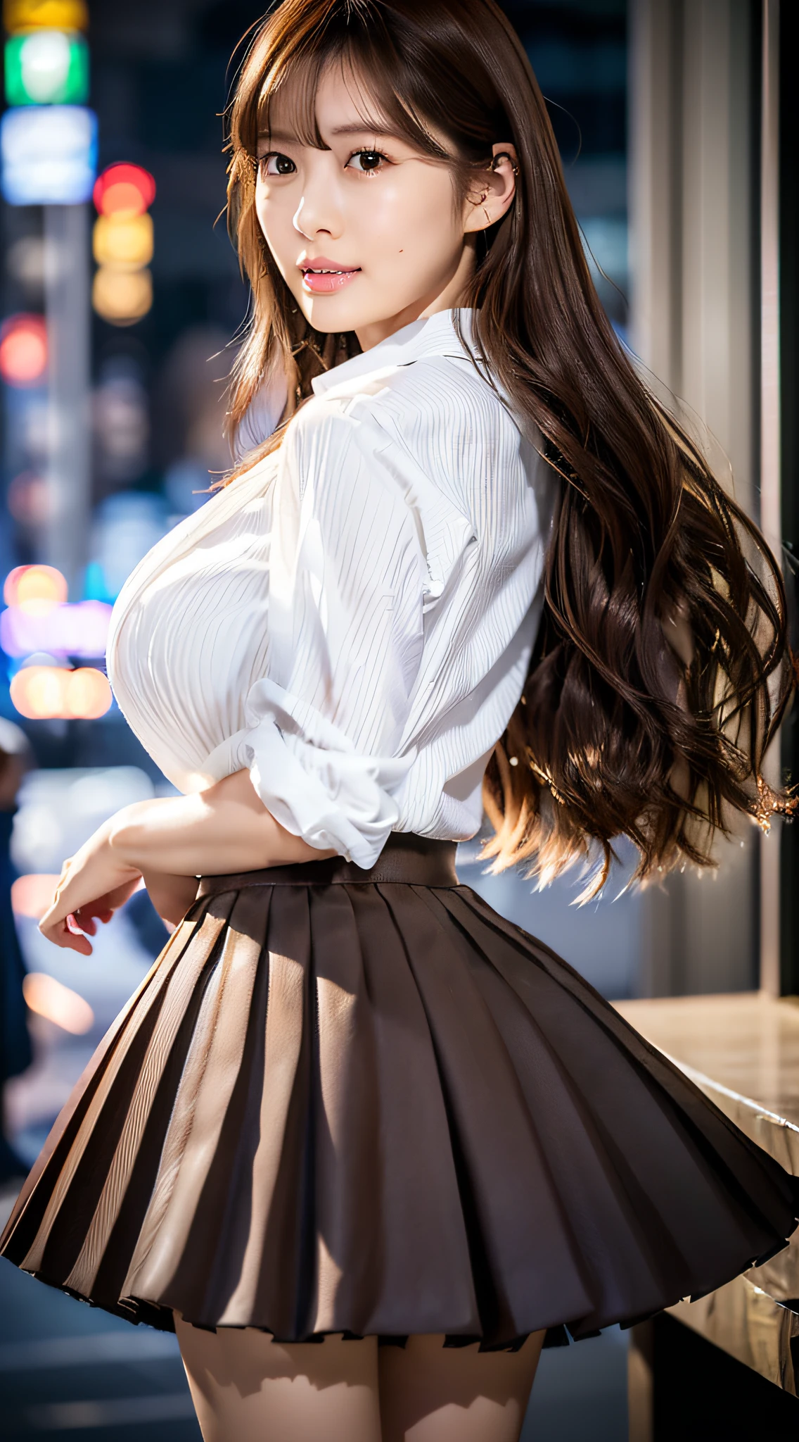 (((((Mai Shiraishi, white shirt, black pleats skirt, cowboy shot, from side, dark brown medium hair, gigantic breasts, arms behind back, standing))))((masterpiece, best quality, highly detailed, absurdres, RAW photo, ultra high definition))), highly detailed face and skin texture, detailed eyes, clear focus, an asian young and beautiful girl, white skin, real human skin, oval face, pores, gentle and goddess-like eyes, lip gloss, eyelashes, gloss face, wide lighting, natural shading, small waist, slender body, slight smile, clear features, beautiful face, double eyelids, sagging eyes, night cityscape