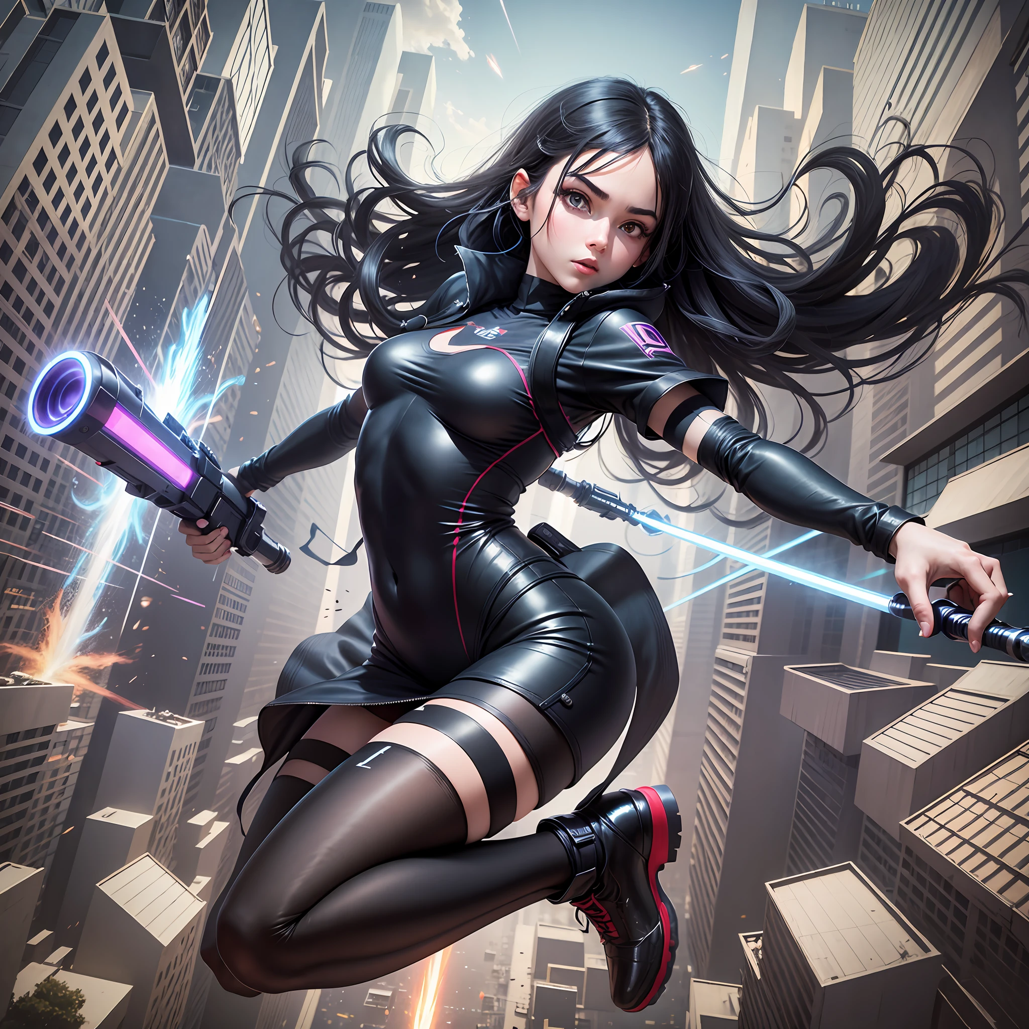 Full body girl in action, jumping with laser sword, black hair, Surrealism, 8k, super detail