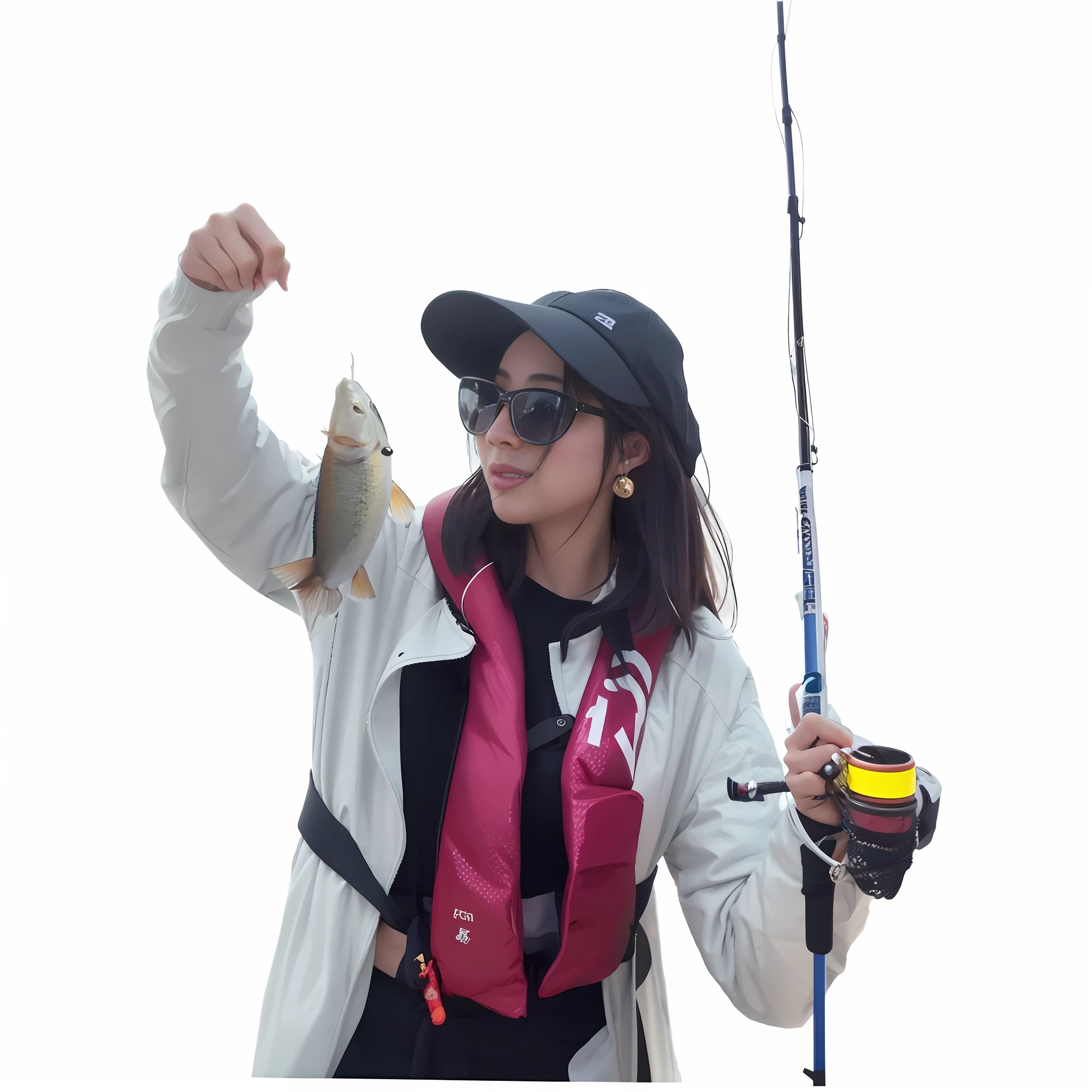 woman in a life jacket holding a fish and a fishing pole, wearing a fisher 🧥, fish in the background, photo taken in 2 0 2 0, magical fishing rod weapon, fishing pole, li zixin, wielding a fish sword, fishing, jinyiwei, 2 0 2 2 photo, young lady, wei wang, trending ，, wenfei ye, gemma chen
