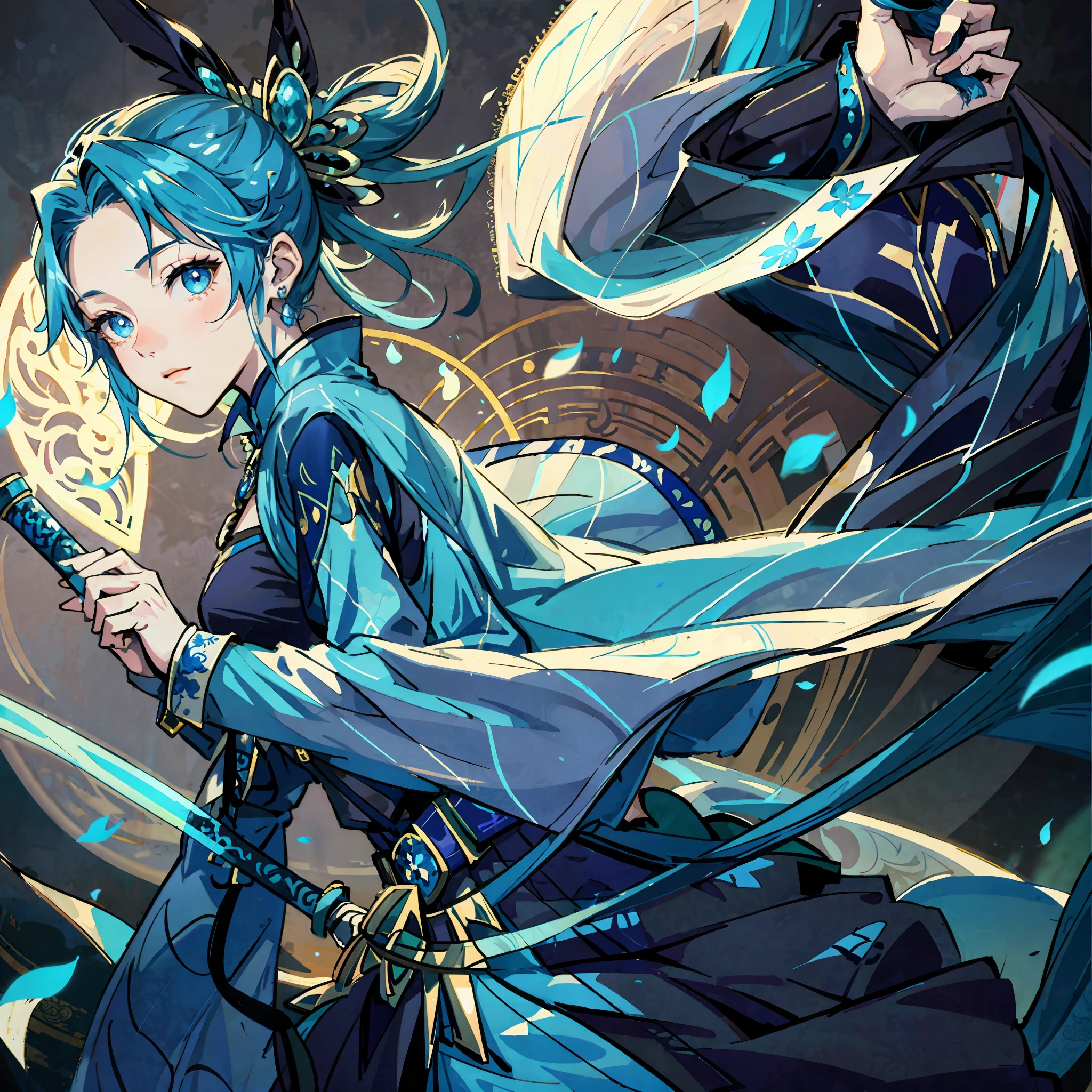 Official Art Illustration, Mature Royal Sister, Blue Eyes, Cyan Blue Hair, Tied Hair, Floating Hair, Delicate Eyes, Black Chinese Antique Silk Costume, Gorgeous Accessories, Intricate Filigree, Wearing Earrings, Sexy, Tits, FOV, F/1.8, Masterpiece, Dead Tree, Pond, Firefly, Night, Petals Flying, Side Light, Moonlight Shining on People, 8K, Hazy