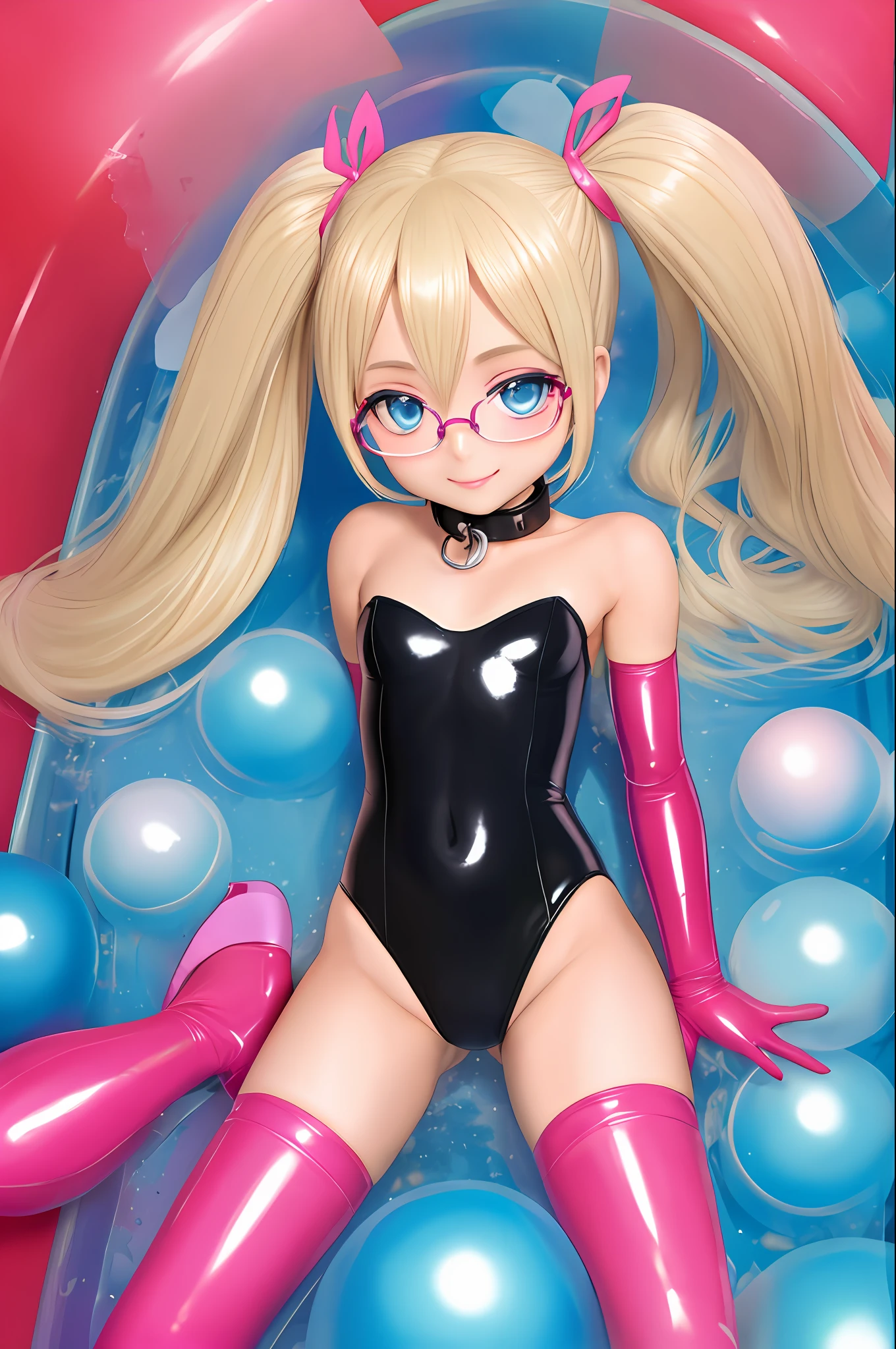 loli, small breasts. strapless leotard, latex, platinum blonde hair, pink latex, twintails, slave collar, smile, blue eyes, glasses, cameltoe, latex thighhighs, elbow gloves, big lips, lipstick, vibrant colours, ball pit, covered in shiny plastic balls,