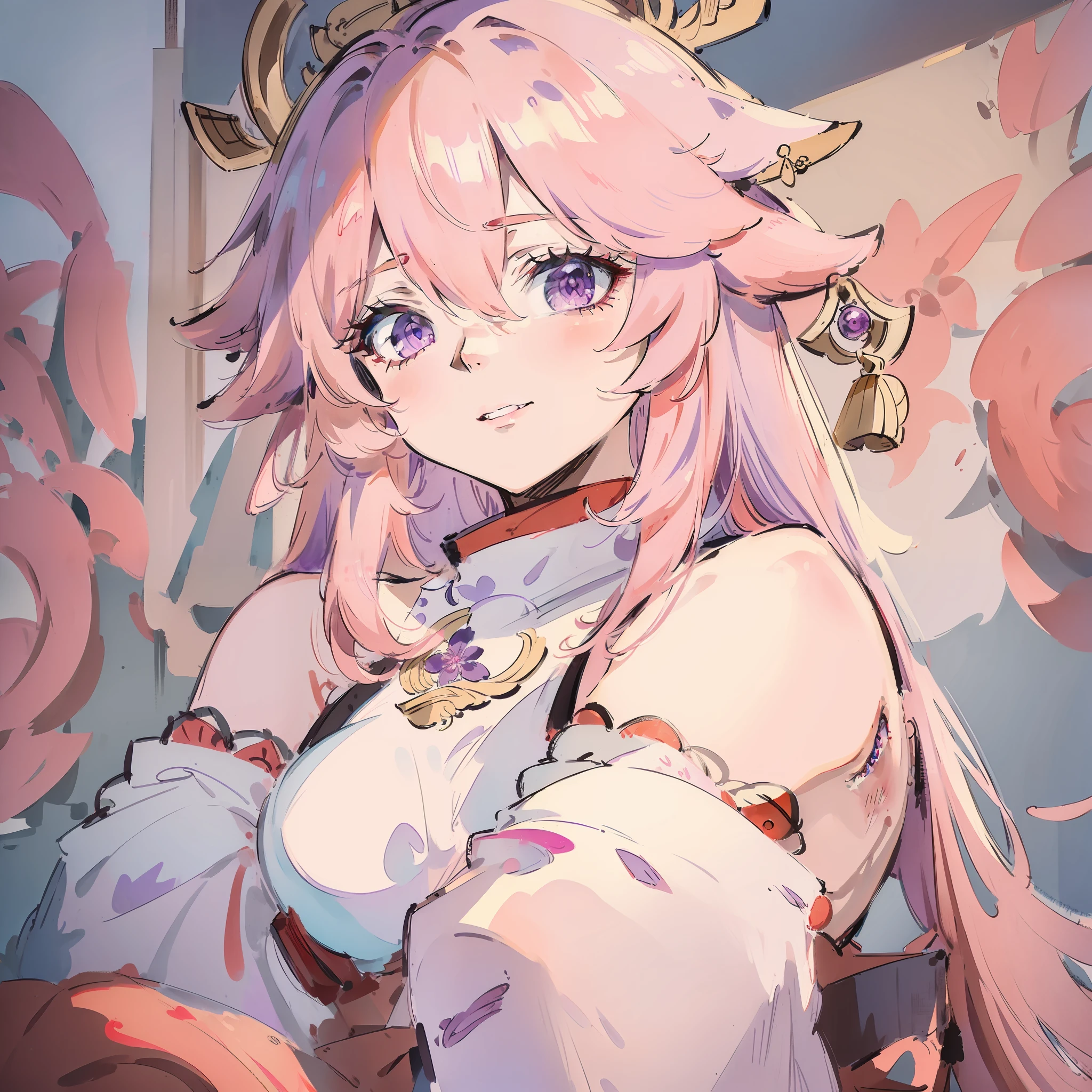 (masterpiece, best quality: 1.2), traditional Chinese ink painting, yae miko, pink hair, purple eyes, full body, Ultra-detailed face, Detailed eyes,