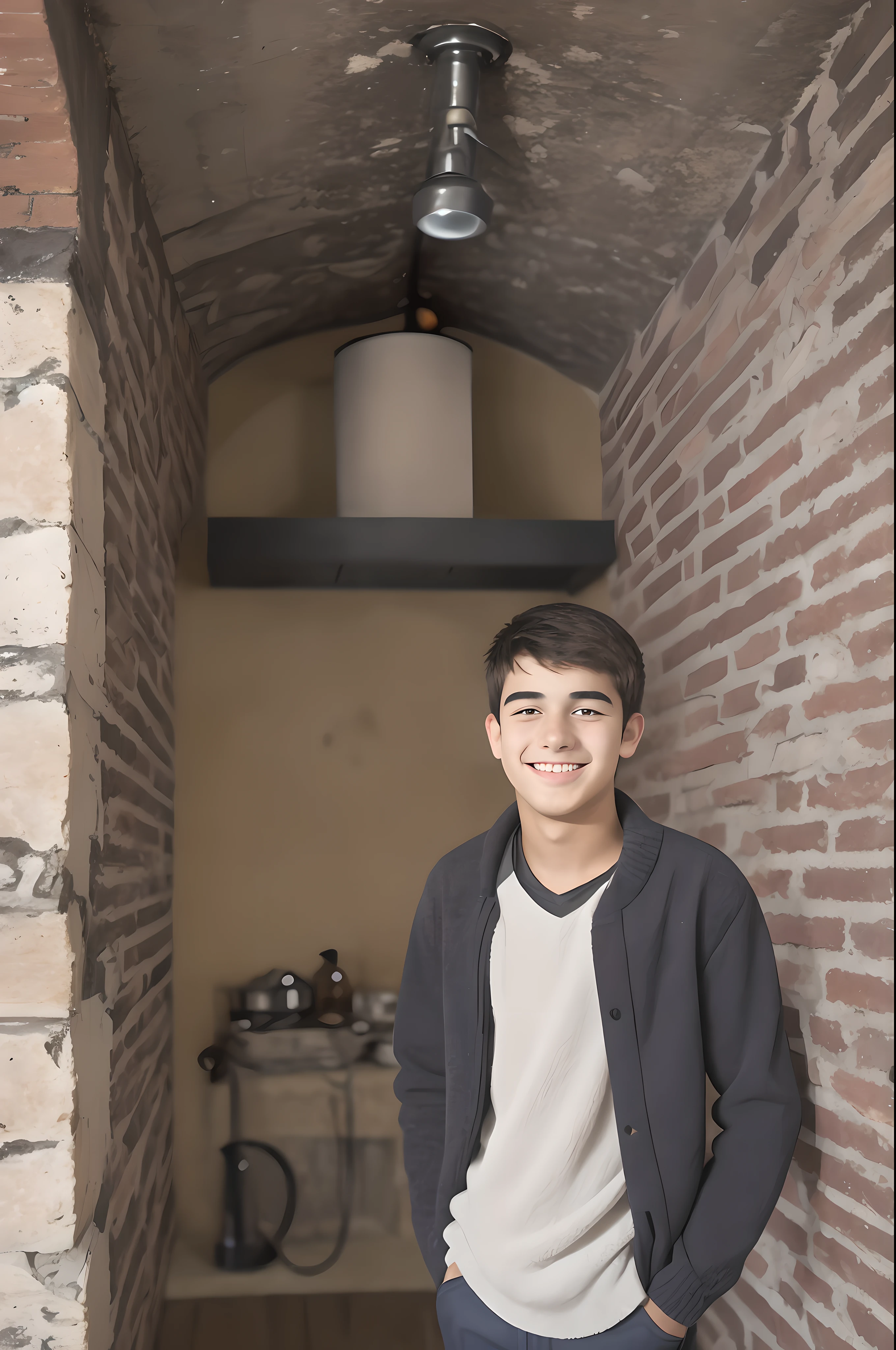 18-year-old boy standing in front of a chimney, smiling