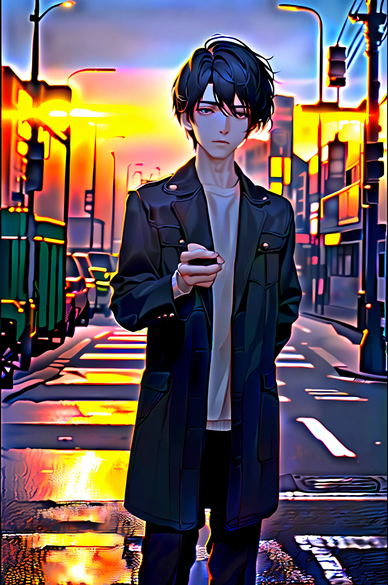 , city night view, a young man, 20 years old, standing on the street, ultra-detailed under street lights, best quality, complex, surreal, sharp, digital photo, detailed, realism, 4k, 8k, artstation trend, good anatomy, beautiful lighting, award-winning, realistic, realistic shadows, realistic lighting, ray tracing, intricate details, rule of thirds, masterpiece, high resolution, (color: 0.9), beauty, very detailed face, cinematic lighting, volumetric lighting, Ultra-realistic, masterpiece, very detailed, shadows,