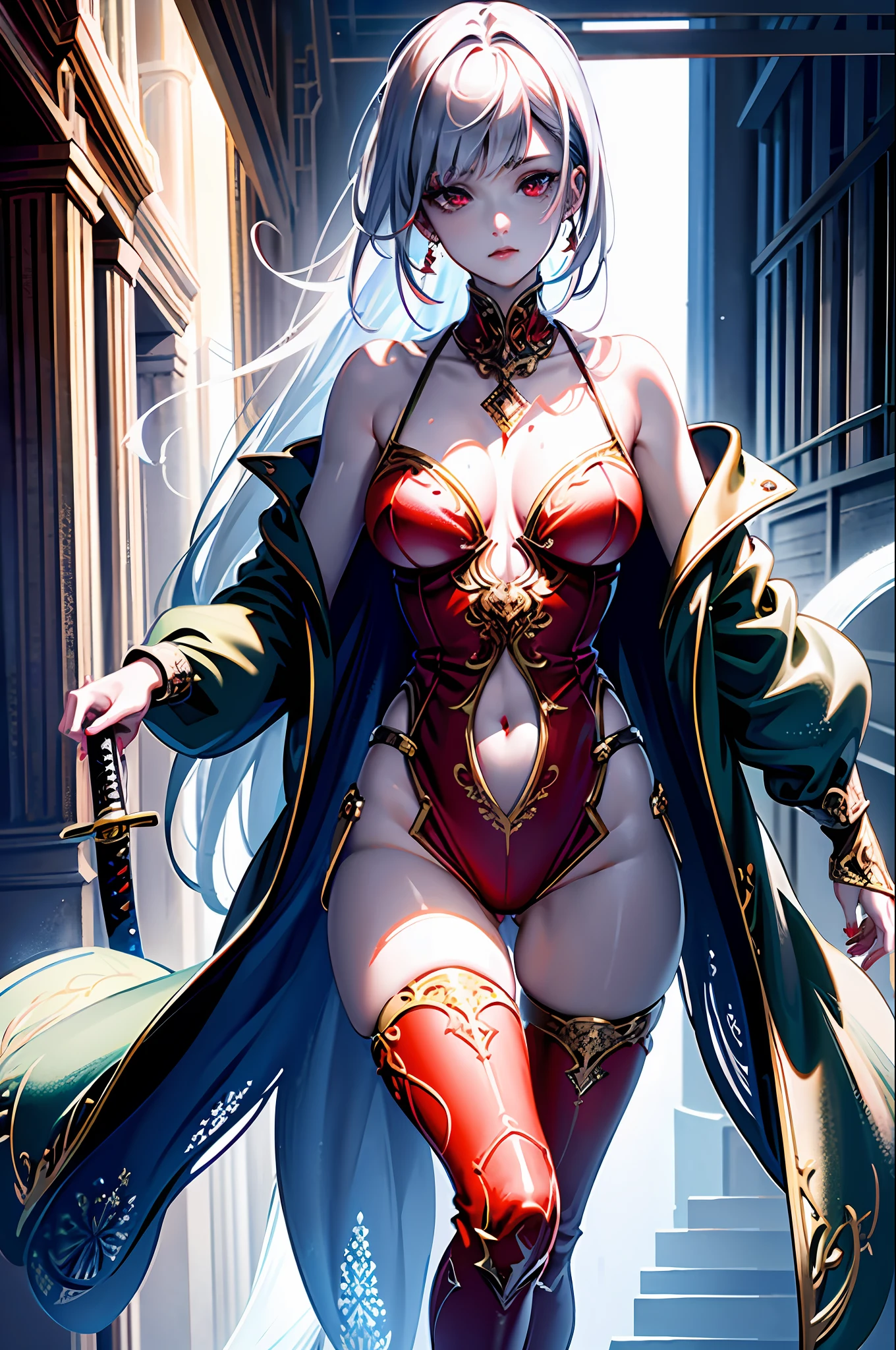 ((masterpiece)), (((best quality))), ((ultra detail)), ((illustration)), ((semi-realistic)), (reflections), sharp focus, front lighting, intense shadows, (beautiful detailed eyes), eyelashes, (extremely delicate and beautiful girl), ((red eye)), silver hair, (jacket), (trousers), long hair, (wielding a katana), ((detailed eyes)), ( cold-blooded), medium chest, shiny skin, cinematic lighting mask, ray tracing, depth of field, dynamic angle, looking at the viewer, ((epic background)), (blood on the face 1.2), (difficulty 1.4), highly detailed fingers, highly detailed hand, highly detailed full body, highly detailed face and eyes, fully body views, standing, high detail legs, solo girl, in skin-tight red dressed, details, ((chest open)), ((highly details legs)), ((highly detailed thigh)), detail cleavages, Breast shows, detail navil, highly detailed hand, highly details separate legs, masterpiece, great lighting, (open up lags), (((fully body views))), beautiful body girl, wet hair, details long hair, white skin, (Head to legs show)