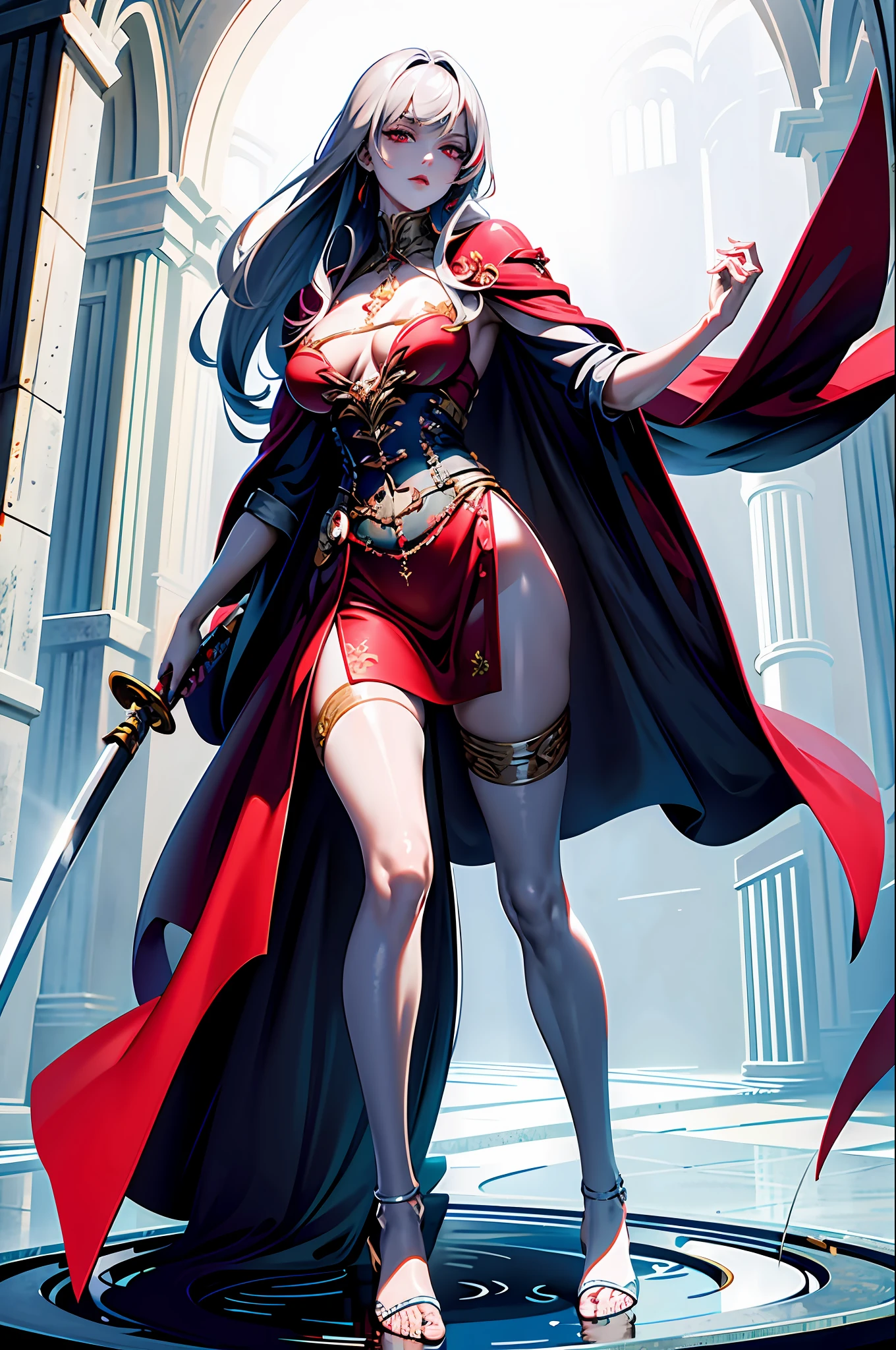 ((masterpiece)), (((best quality))), ((ultra detail)), ((illustration)), ((semi-realistic)), (reflections), sharp focus, front lighting, intense shadows, (beautiful detailed eyes), eyelashes, (extremely delicate and beautiful girl), ((red eye)), silver hair, (jacket), (trousers), long hair, (wielding a katana), ((detailed eyes)), ( cold-blooded), medium chest, shiny skin, cinematic lighting mask, ray tracing, depth of field, dynamic angle, looking at the viewer, ((epic background)), (blood on the face 1.2), (difficulty 1.4), highly detailed fingers, highly detailed hand, highly detailed full body, highly detailed face and eyes, fully body views, standing, high detail legs, solo girl, in skin-tight dressed, details, ((chest open)), ((highly details legs)), ((highly detailed thigh)), detail cleavages, Breast shows, detail navil, highly detailed hand, highly details separate legs, masterpiece, great lighting, (open up lags), beautiful body girl, wet hair, details long hair, white skin, Head to legs show