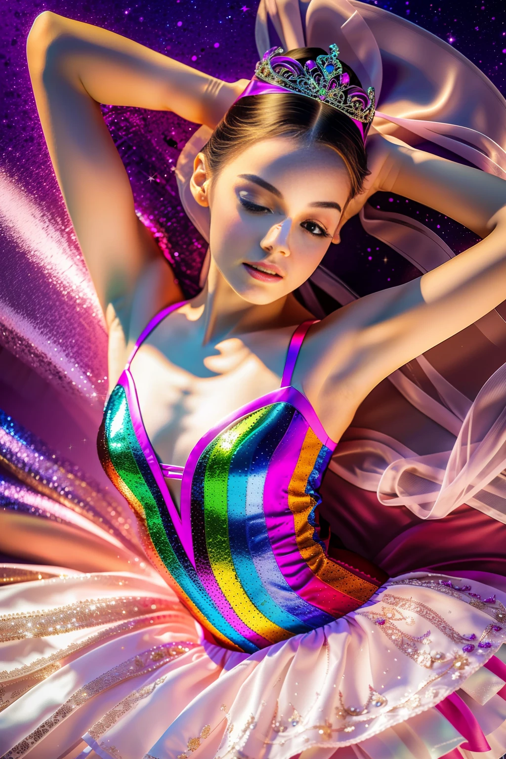 8k photorealistic masterpiece: A young woman in a colorful dress lying on the floor, posing in leotard and tiara, dressed as a ballerina, ballet style pose, ballet pose, playful pose of a dancer, ballerina, tendu pose, recital, graceful girl, tip pose, full pose, an artistic pose, ballerina, prima ballerina, striking a sassy pose --auto --s2
