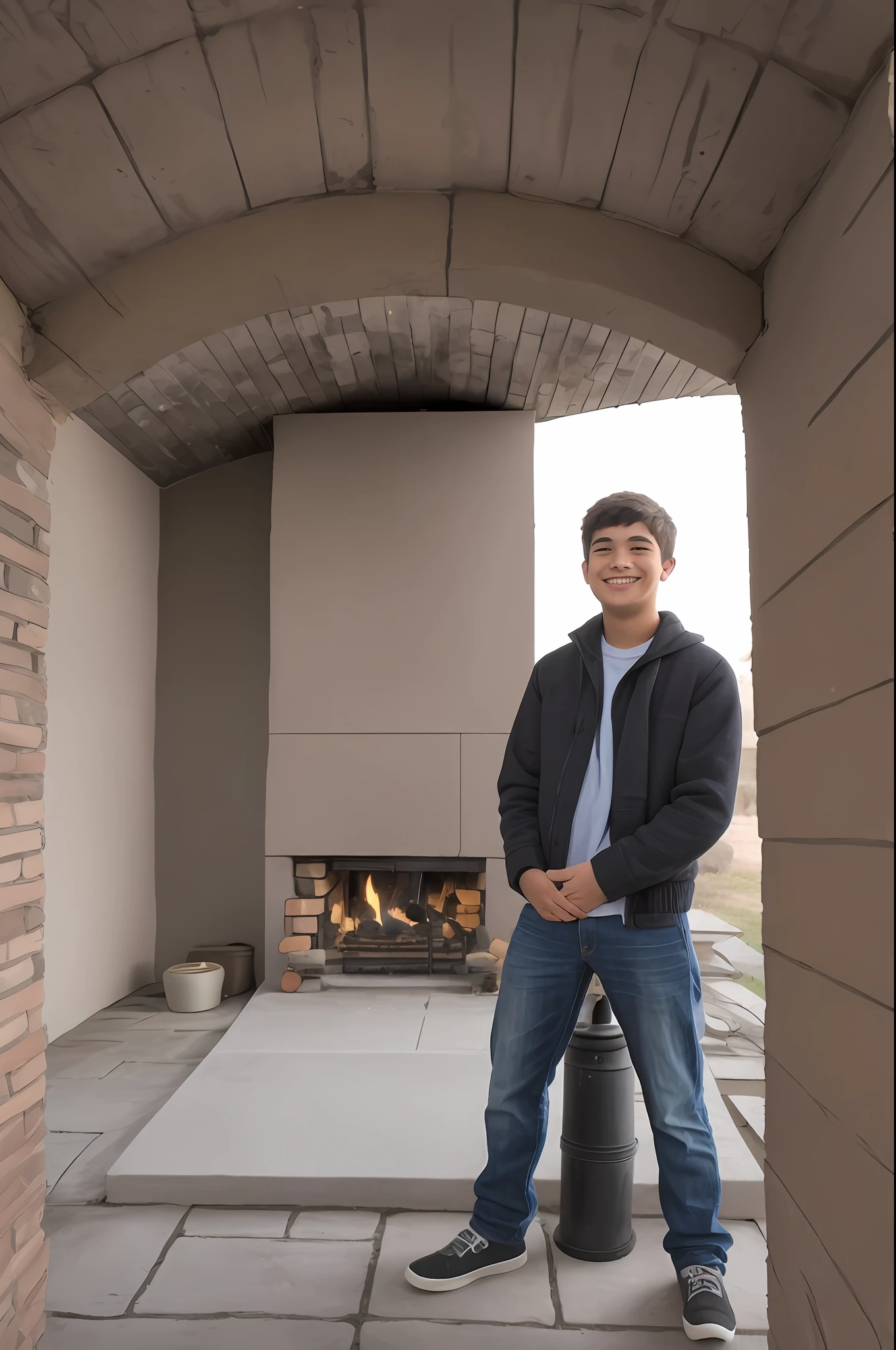18-year-old boy standing in front of a chimney, smiling