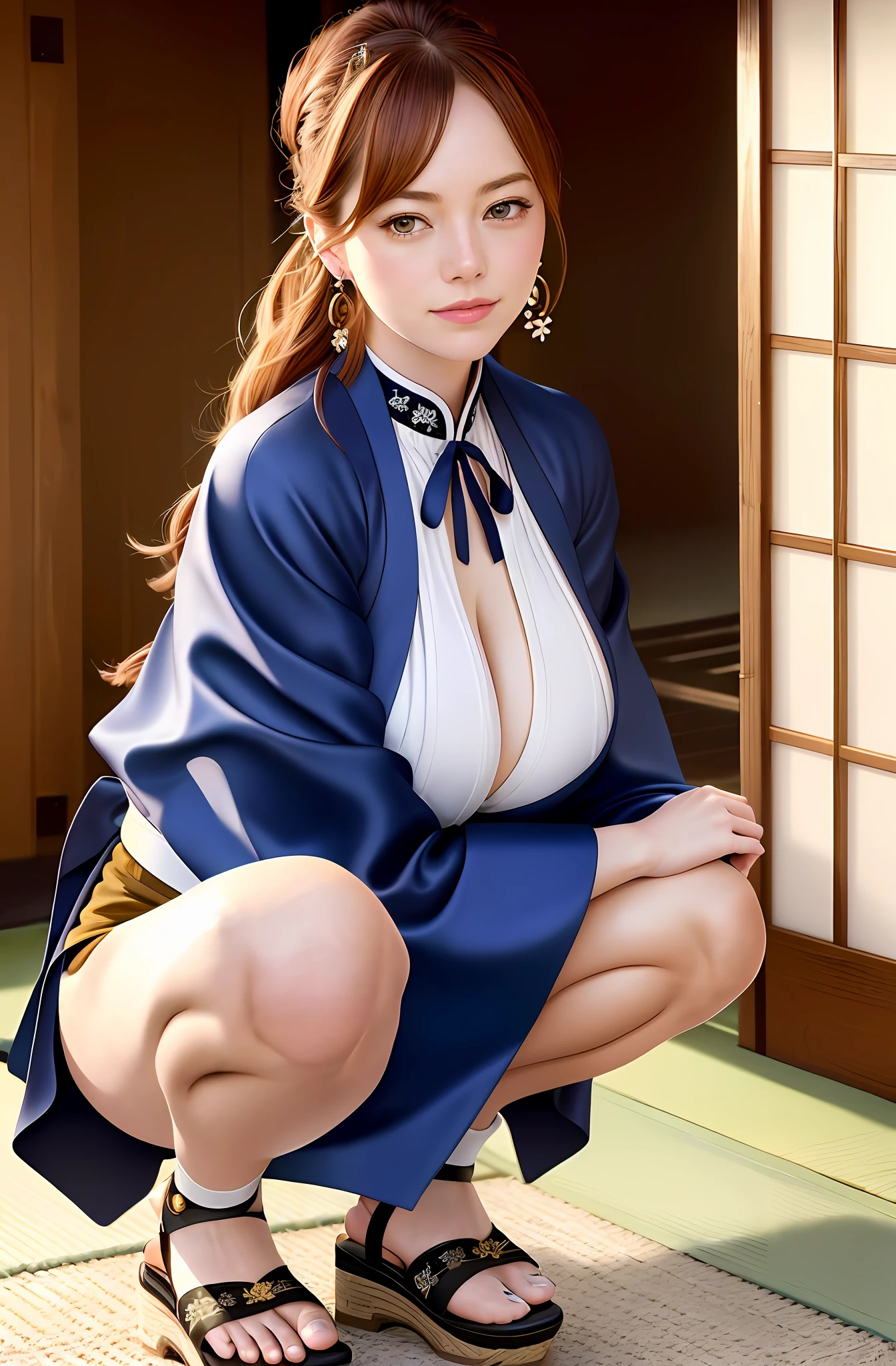 Real picture, intricate detail, super detail, super tall, depth of field, (photo realistic, realistic:1,1), (1 woman:1,1), (Emma Stone:1,1), (hair tied:1, 1), tall woman, happy smile, from the front, earrings, thigh gap, choker (hanbok + see-through silhouette, wedge heel: 1,3), Japanese traditional house, cow girl squatting position showing herself, Realistic portrait, detail supreme, high detail, artstation , smooth, cinematic lighting, top quality, masterpiece, smooth and beautiful, highly detailed, CG, unity, 8k wallpaper, Stunning, fine detail, light smile, highly detailed CG unity 8k wallpaper, large file size , super detailed, high resolution, amazing detail, beautiful face, sexy lips, sexy body, perfect face, big boobs, not on the sensor, there are, natural hair.