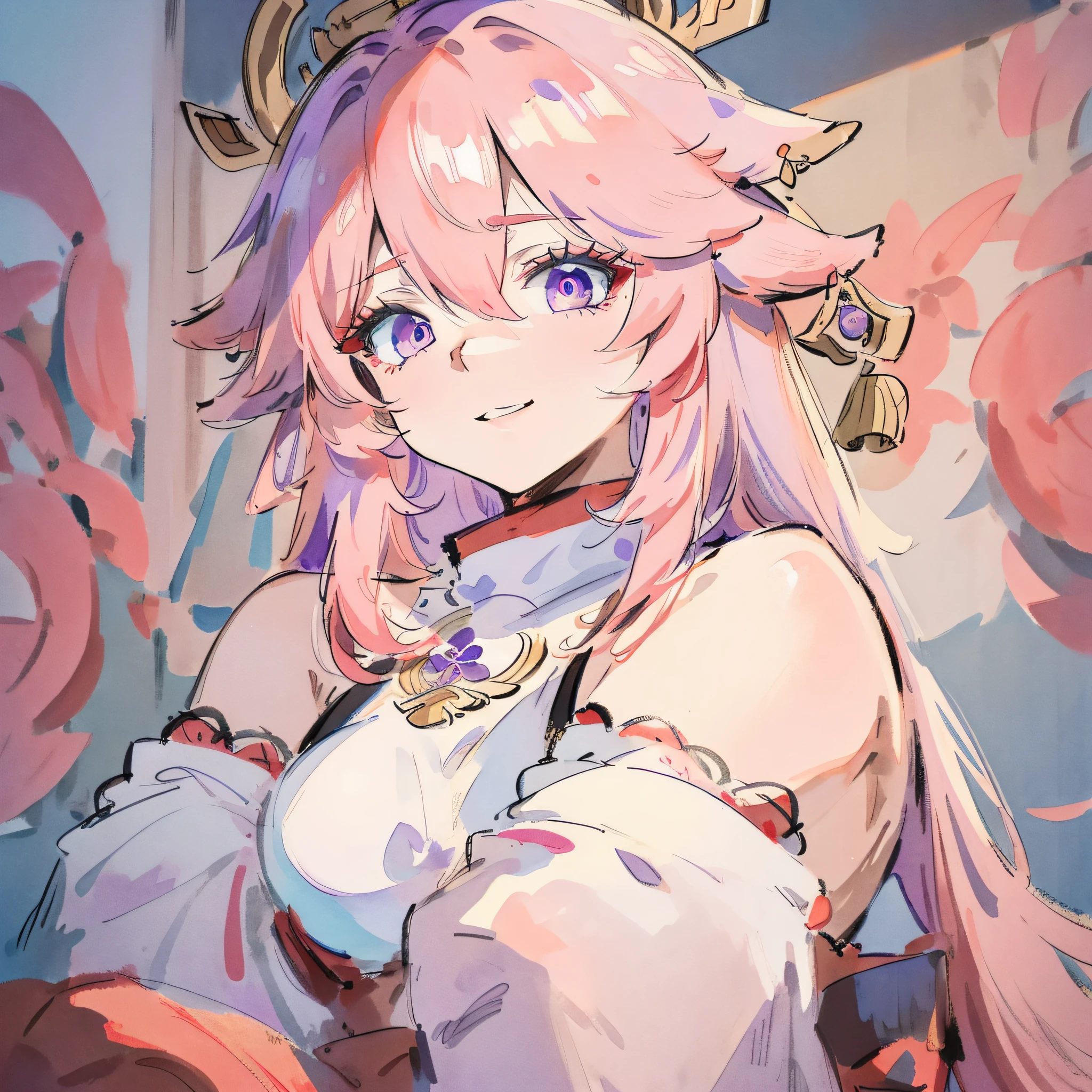 (masterpiece, best quality: 1.2), traditional Chinese ink painting, yae miko, pink hair, purple eyes, full body, Ultra-detailed face, Detailed eyes,