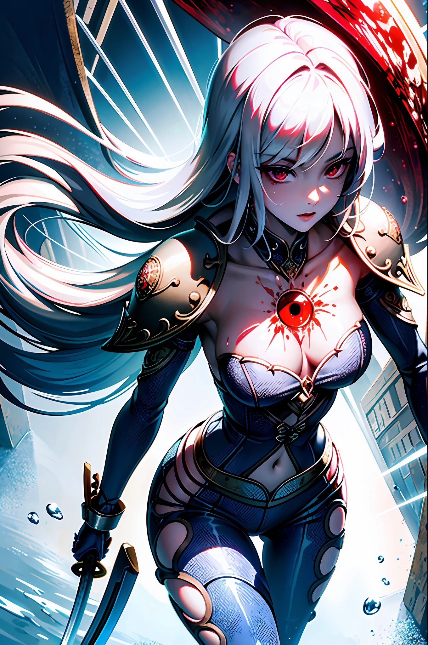 ((masterpiece)), (((best quality))), ((ultra detail)), ((illustration)), ((semi-realistic)), (reflections), sharp focus, front lighting, intense shadows, (beautiful detailed eyes), eyelashes, (extremely delicate and beautiful girl), ((red eye)), silver hair, (jacket), (trousers), long hair, (wielding a katana), ((detailed eyes)), ( cold-blooded), medium chest, shiny skin, cinematic lighting mask, ray tracing, depth of field, dynamic angle, looking at the viewer, ((epic background)), (blood on the face 1.2), (difficulty 1.4), highly detailed fingers, highly detailed hand, highly detailed full body, highly detailed face and eyes, fully body views, standing, high detail legs, solo girl, in skin-tight dressed, details, ((chest open)), ((highly details legs)), ((highly detailed thigh)), detail s, Breast sdetail navil, highly detailed hand, highly details separate legs, masterpiece, great lighting, (open up lags), beautiful body girl, wet hair, details long hair, white skin, Head to legs show