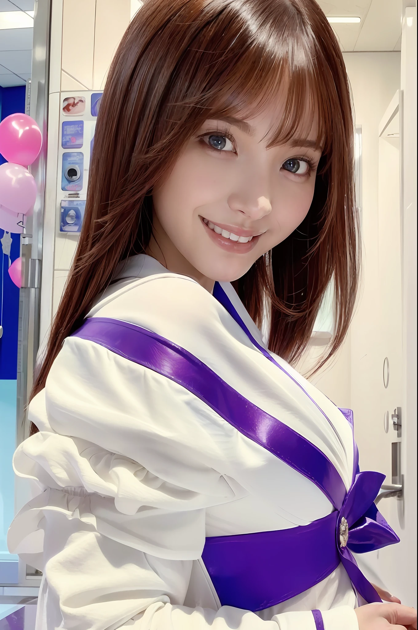 1 girl, beautiful vintage colors, instagram (photorealistic, high res: 1.4), ((swollen eyes)), staring viewer, full body (8k, RAW photo, highest quality, masterpiece: 1.2), (realistic, photorealistic) :1.37), (sharp focus :1.2), Professional Lighting, Photon Mapping, Radiosity, Physically Based Rendering, (White Skin: 1.2), Viewer's Eye, (Middle Hair: 1.5), Portrait, Purple Eyes, (Brown Hair: 1.1), Bangs, (Tokyo Shibuya Background: 1.4), Solo, Upper Body, Realistic, (Masterpiece:) 1.4), (Top Quality: 1.4), (Shiny Skin), Fashion Girl, Makeup, Smiling (Skinny, Closed Mouth, Shy: 1.3), (Standing, White Sailor Costume, Necromancer: 1.1), Medium bust, Sexy pose, Sunrise, Japanese, Big eyes, Slightly hanging up, super cute, one blue rose,