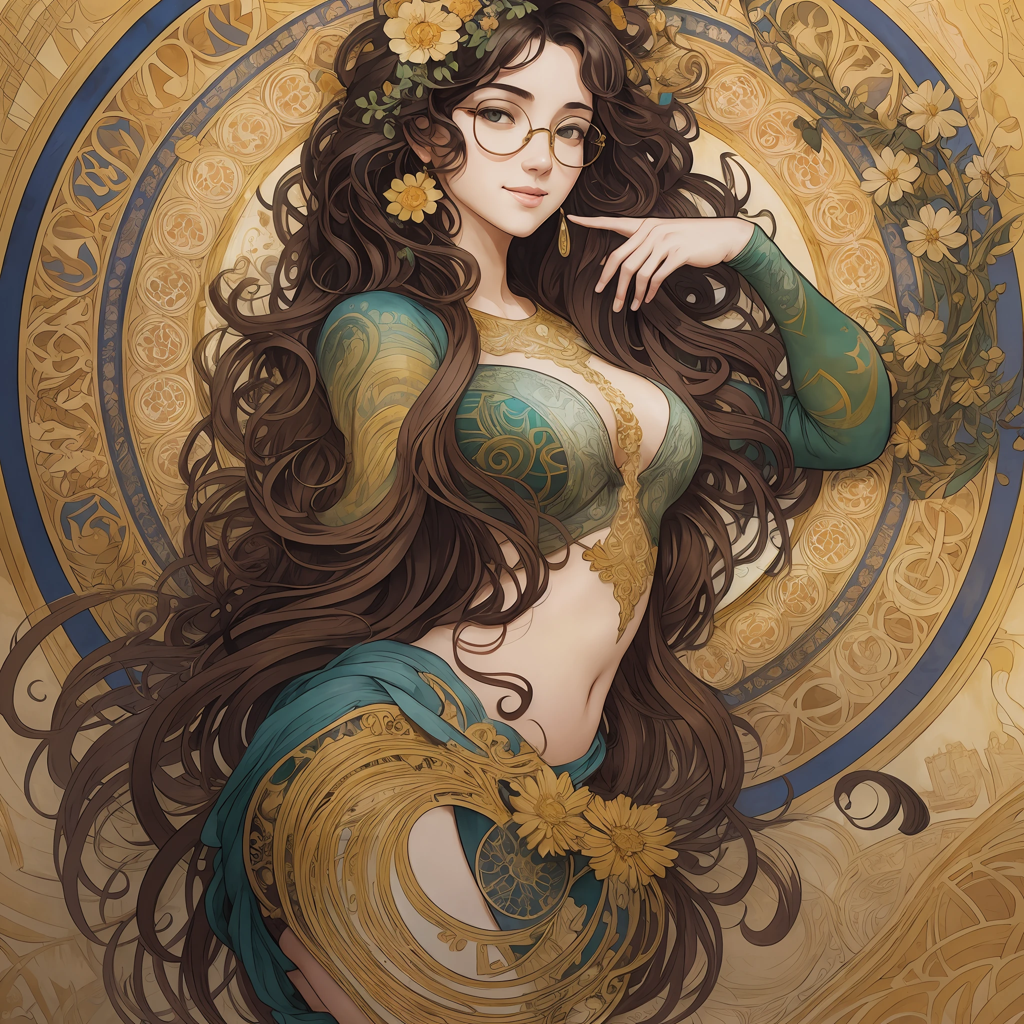 Wonderful girl, using black female round glasses, smiling, curly hair, brown with highlights, with medium-sized breasts, brown eyes, medium sized body, kingdom of flowers,  without showing hands,  Unbelievable watercolor speedpaint by Alphonse Mucha, by Filipe Pagliuso, by Alexander Jansson and Johnson Tsang, speedpaint, paint drips, strokes, dripping, by Android Jones, hyperdetailed, decent colors, impasto hypertextured, dripping paint strokes, perfect composition, Art of Illusion 3D shading, hyperdetailed, ZBrush, cel-shaded, golden ratio, 8k, uhd, iluminação baixa severa, alta qualidade, foco nitido, fujifilm XT3  -variation --auto --s2