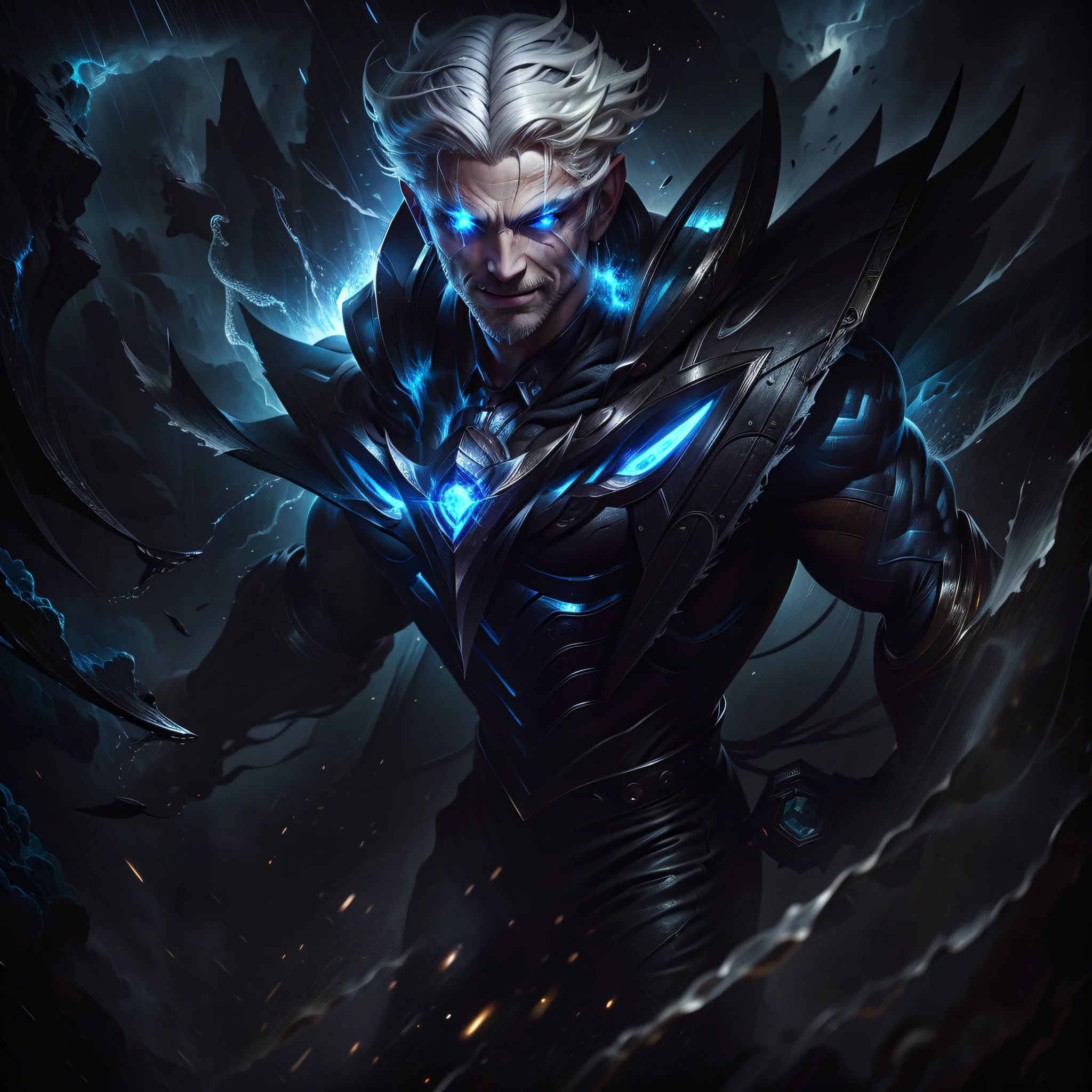 masterpiece, (photorealistic: 1.4), best quality, a grown man flying in the skies of a city during a storm with lightning and rain and strong winds, dress in black and blue clothing, defined body, white hair, crazy eyes, evil smile, intricate details, natural light, RAW photo, Art Deco, glowing light, optical illusion, rococo style, UHD, 16k