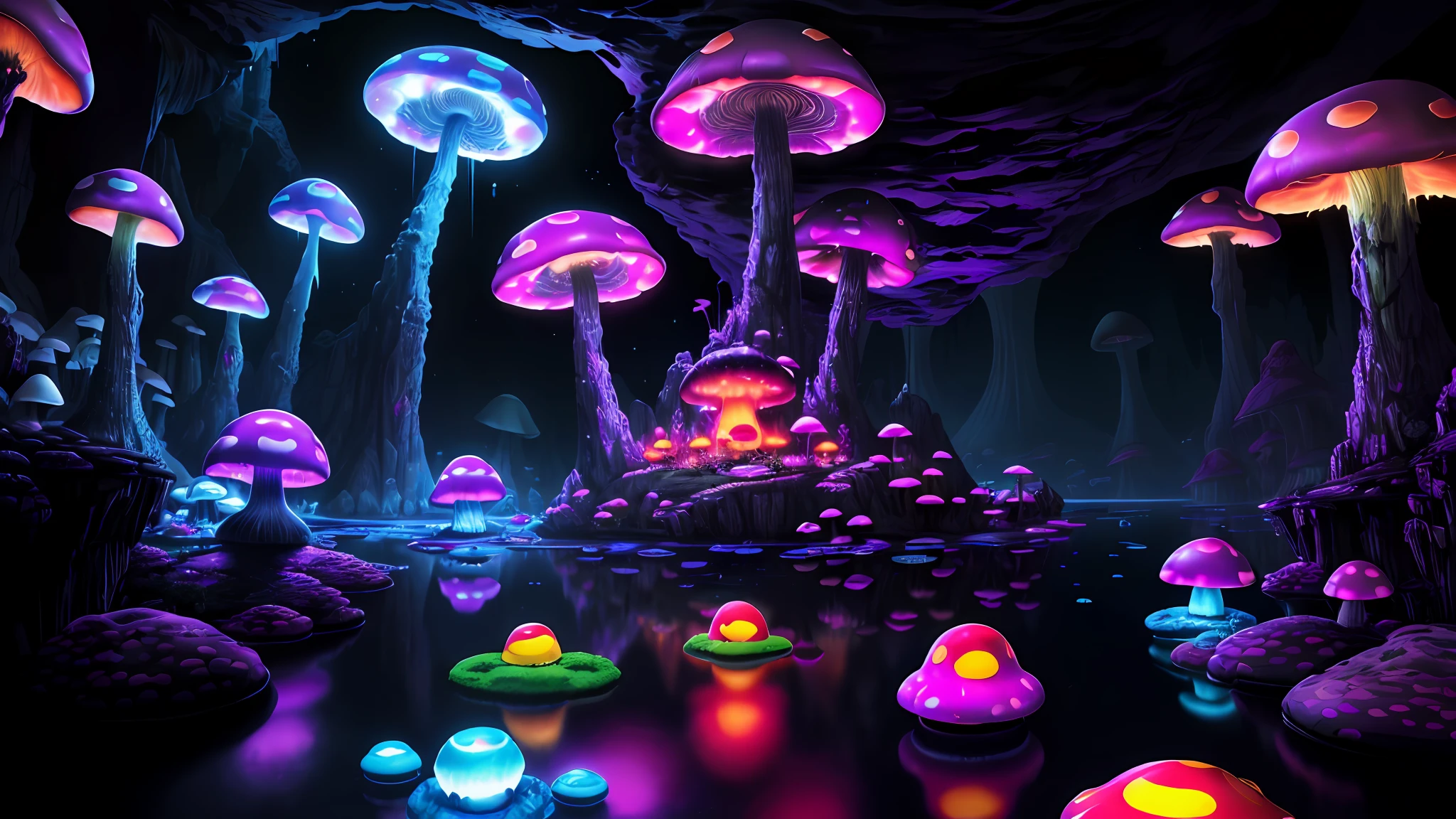 a big cave, spherical, round, (big glowing lake):1.8, no gravity, horror, dark setting, sparkle in the air, dark fog, lightning, grafiti, (skulls:1.1), (delic:2), colorful, rgb, ((neon mushrooms)), gloomy mushrooms, radiant light, acid, LSD, btiful, masterpiece, best quality, highres, 8k, (insanely ed), reflections:1.15,