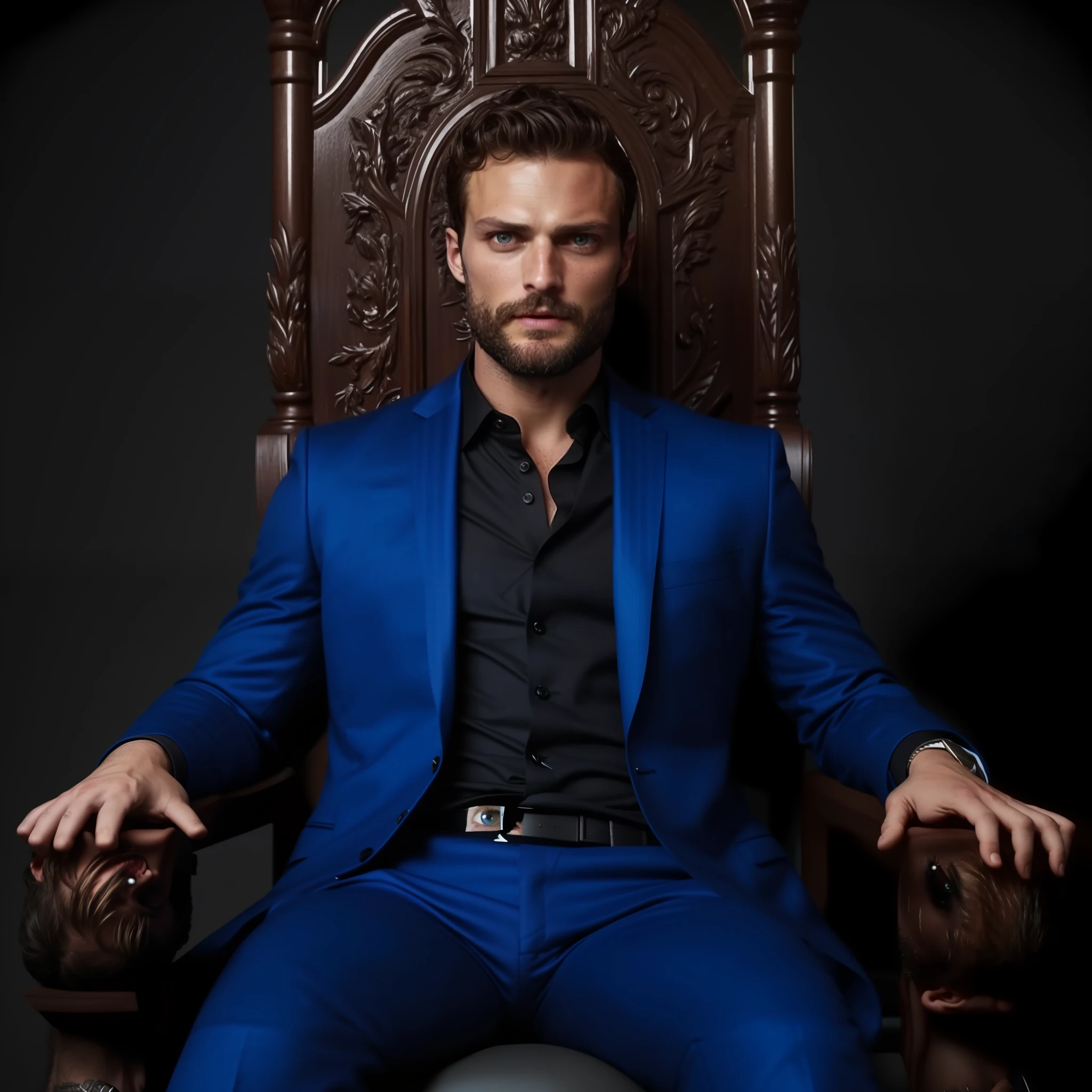 Create a Ceo wearing black suit, symmetrical and beautiful eyes, stare fixed in the center of the image, face details, Jamie Dornan, very handsome and attractive, black beard and detached, strong and muscular, dark short hair, tanned skin, 8k resolution, best quality, similar to actor Jamie Dornan, pe, close up.