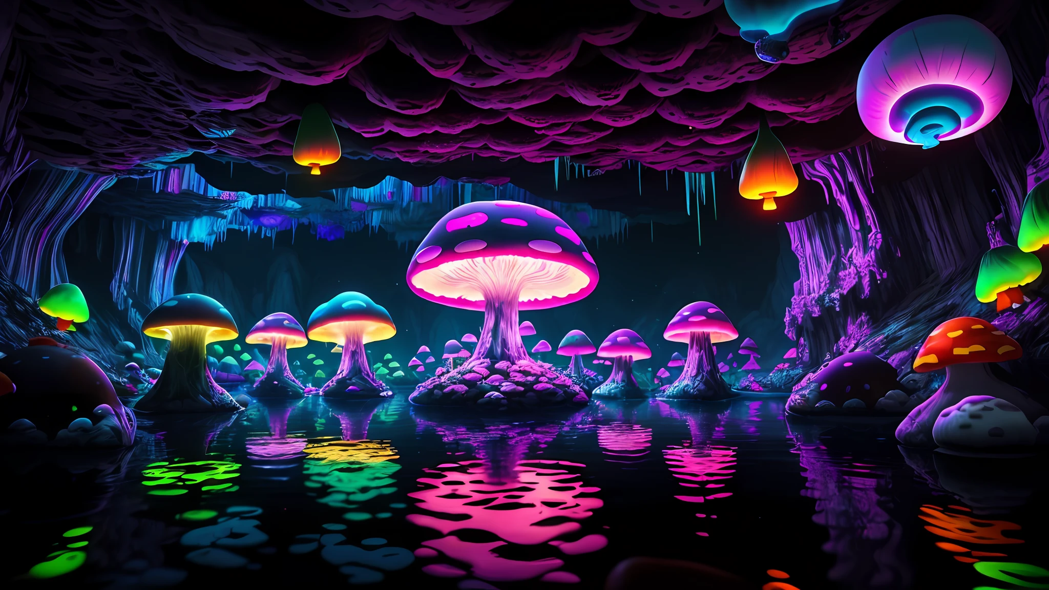 a big cave, spherical, round, (big glowing lake):1.8, no gravity, horror, dark setting, sparkle in the air, dark fog, lightning, grafiti, (skulls:1.1), (psychodelic:2), colorful, rgb, ((neon mushrooms)), gloomy mushrooms, radiant light, acid, LSD, beautiful, masterpiece, best quality, highres, 8k, (insanely detailed), reflections:1.15,