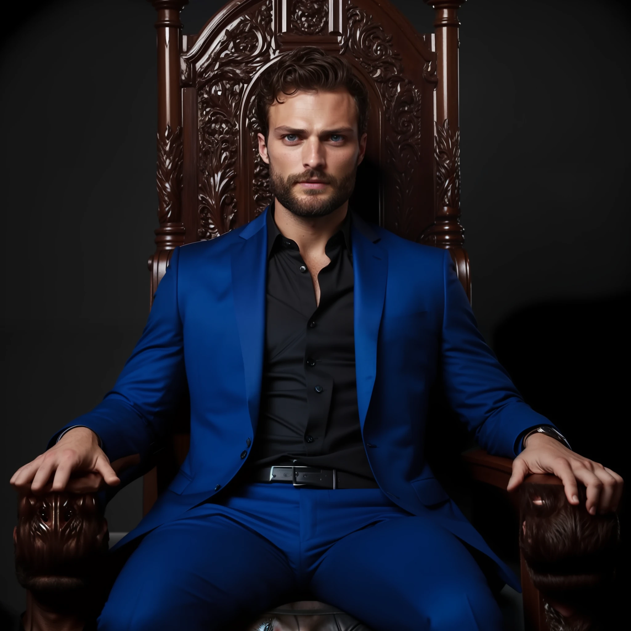 Create a Ceo wearing black suit, symmetrical and beautiful eyes, stare fixed in the center of the image, face details, Jamie Dornan, very handsome and attractive, black beard and detached, strong and muscular, dark short hair, tanned skin, 8k resolution, best quality, similar to actor Jamie Dornan, pe, close up.