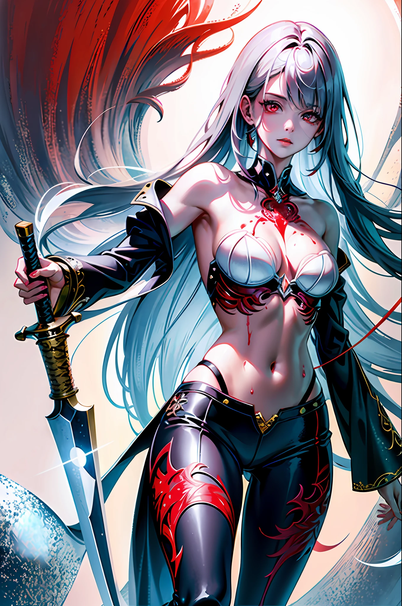 ((masterpiece)), (((best quality))), ((ultra detail)), ((illustration)), ((semi-realistic)), (reflections), sharp focus, front lighting, intense shadows, (beautiful detailed eyes), eyelashes, (extremely delicate and beautiful girl), ((red eye)), silver hair, (jacket), (trousers), long hair, (wielding a katana), ((detailed eyes)), ( cold-blooded), medium chest, shiny skin, cinematic lighting mask, ray tracing, depth of field, dynamic angle, looking at the viewer, ((epic background)), (blood on the face 1.2), (difficulty 1.4), highly detailed fingers, highly detailed hand, highly detailed full body, highly detailed face and eyes, fully body views, standing, high detail legs, solo girl, in skin-tight dressed, details, (chest open), (highly details legs), (highly detailed thigh), detail cleavages breast, detail navil, highly detailed hand, highly details separate legs, masterpiece, great lighting, (open up lags), beautiful body girl, wet hair, details long hair, white skin