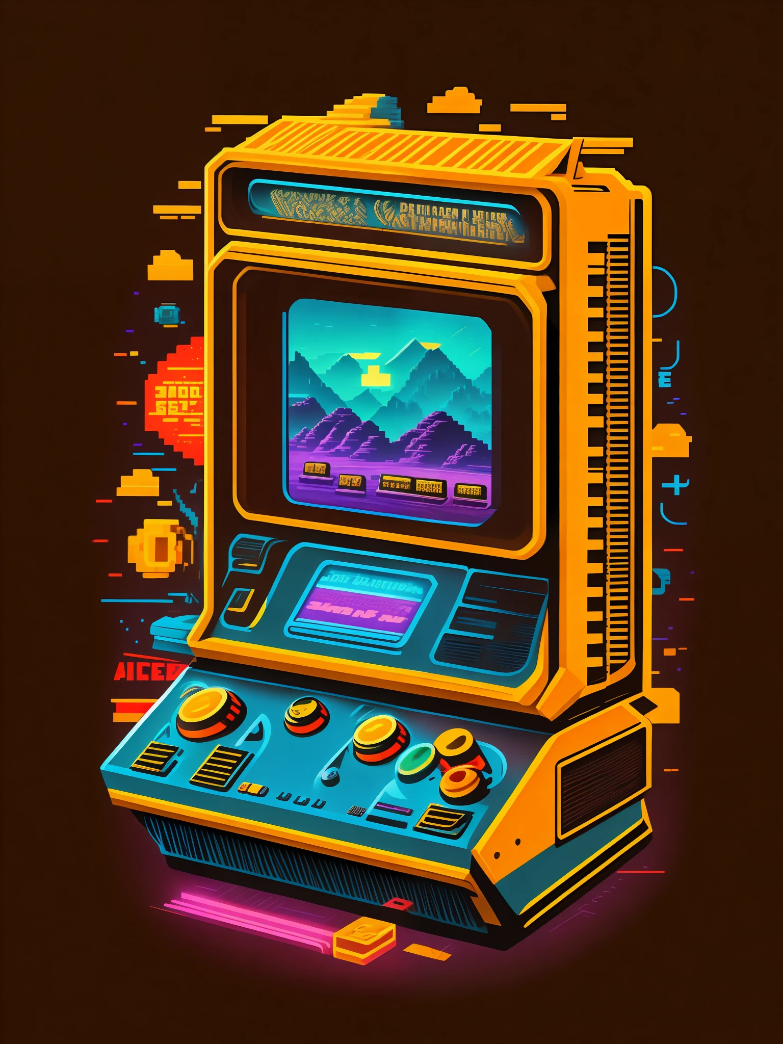 Step back in time with this nostalgic t-shirt design inspired by retro gaming. The design showcases a pixelated arcade scene, featuring a classic video game console and a collection of iconic game characters. Vibrant blocks of neon colors add a touch of retro flair, while the pixel art style brings a sense of vintage authenticity. It's a design that will resonate with gaming enthusiasts and evoke fond memories of gaming's golden era. design de camiseta, rzminjourney, arte vetorial