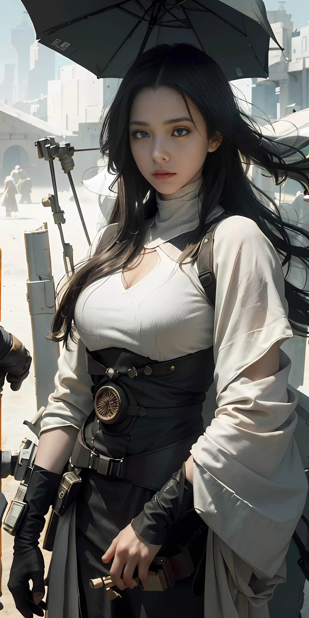 Masterpiece, Best Quality, Film, Official Art, Sand Colors, Natural ColorsAdvertising Art, Film Wallpaper, Very Detailed 4k Unified CG Wallpaper, Intricate Details, White Background, Body Top, Facial Focus, Concept Art, Production Art, ( , Highres, (Realistic, Photo-realistic:1.2), Physics-Based Rendering, Machinery, Reflection, Realistic, Cyberpunk, Symmetrical Front View Closeup Head Shot Eyes Symmetry Face Very Sharp Focus Realistic award-winning light matte drawing film 1 girl, wick, (Illustration: 1.1), thin, black skin, delicate face, king robe, shine, (long hair), green eyes, battlefield, chip, glow,