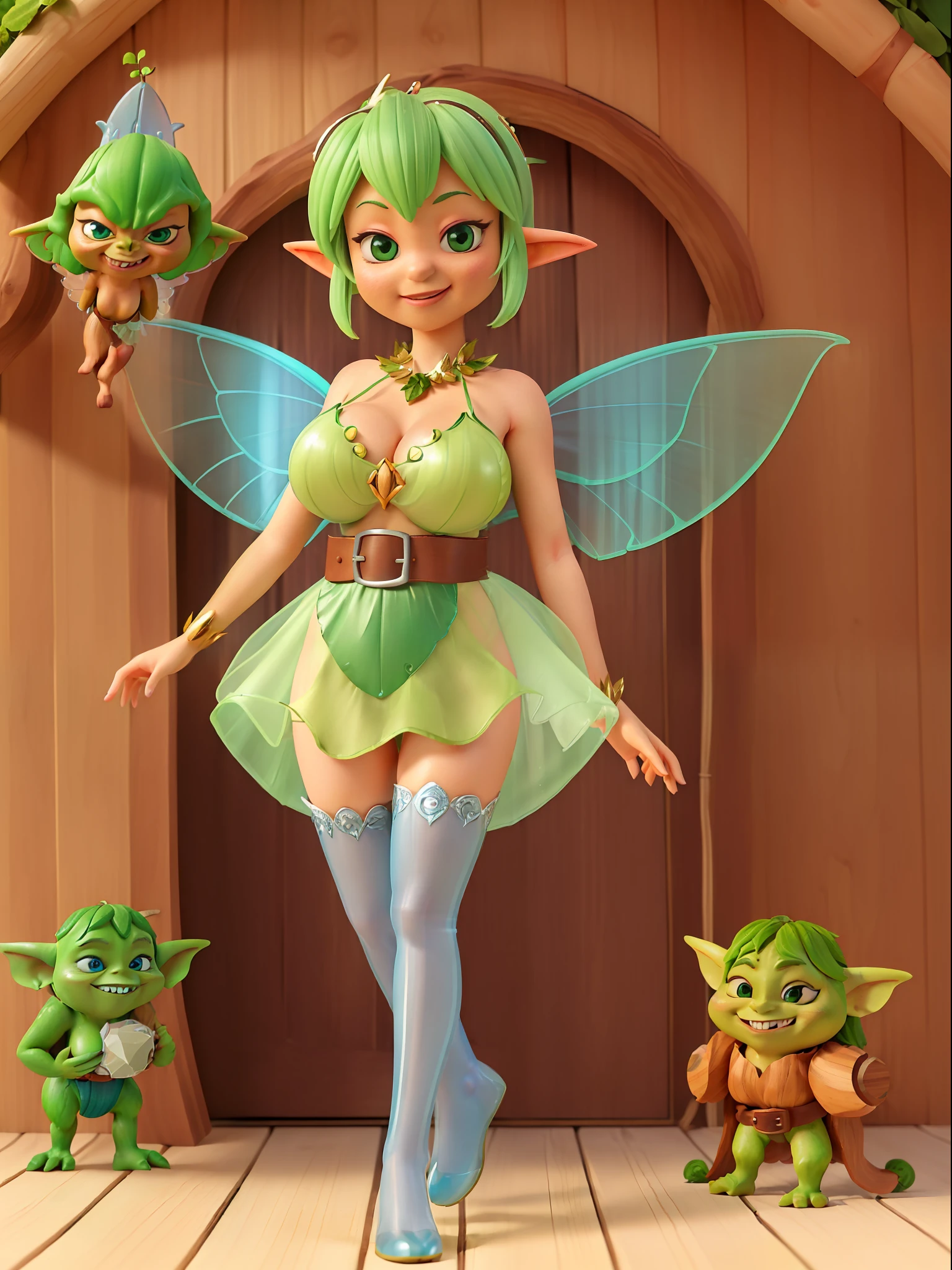 (Full body photo:1.7), (One/TinkerBellWaifu/Woman/with very transparent fairy wings:1.5), (Big breasts:1.7), (Wearing fairy costume made of green leaves/leather belt at waist:1.3), (Looking at the viewer/smiling:1.3), (She's inside a wooden goblin house underground:1.7), (She's got fulfilled blonde hair fastened with leaf clip: 1.5), (dark blue eyes: 1.5), (extremely tight/extremely transparent costume: 1.8), (doing sensual poses while standing: 1.2), (award-winning, UHD, anime, high detail, 16k, high quality, masterpiece)