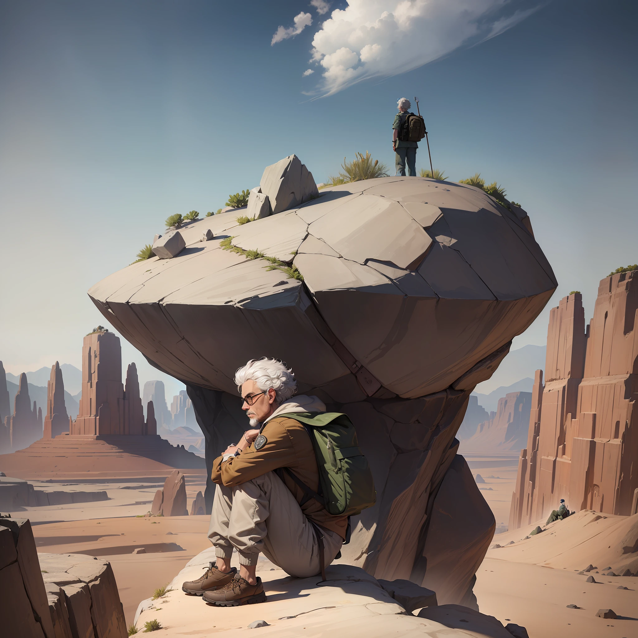 A thin man, 60 years old, sitting on his back, safari clothes with long pants, curly hair whitish, without beard, watching a large rocky outcrop. his side a canvas backpack and a geologist's hammer and in his left hand a compass in the background a desert and stony landscape (tagged "desert", "thin" "lonely", "man", "solitude", "boulders", "silhouette", "nostalgia", "memories")