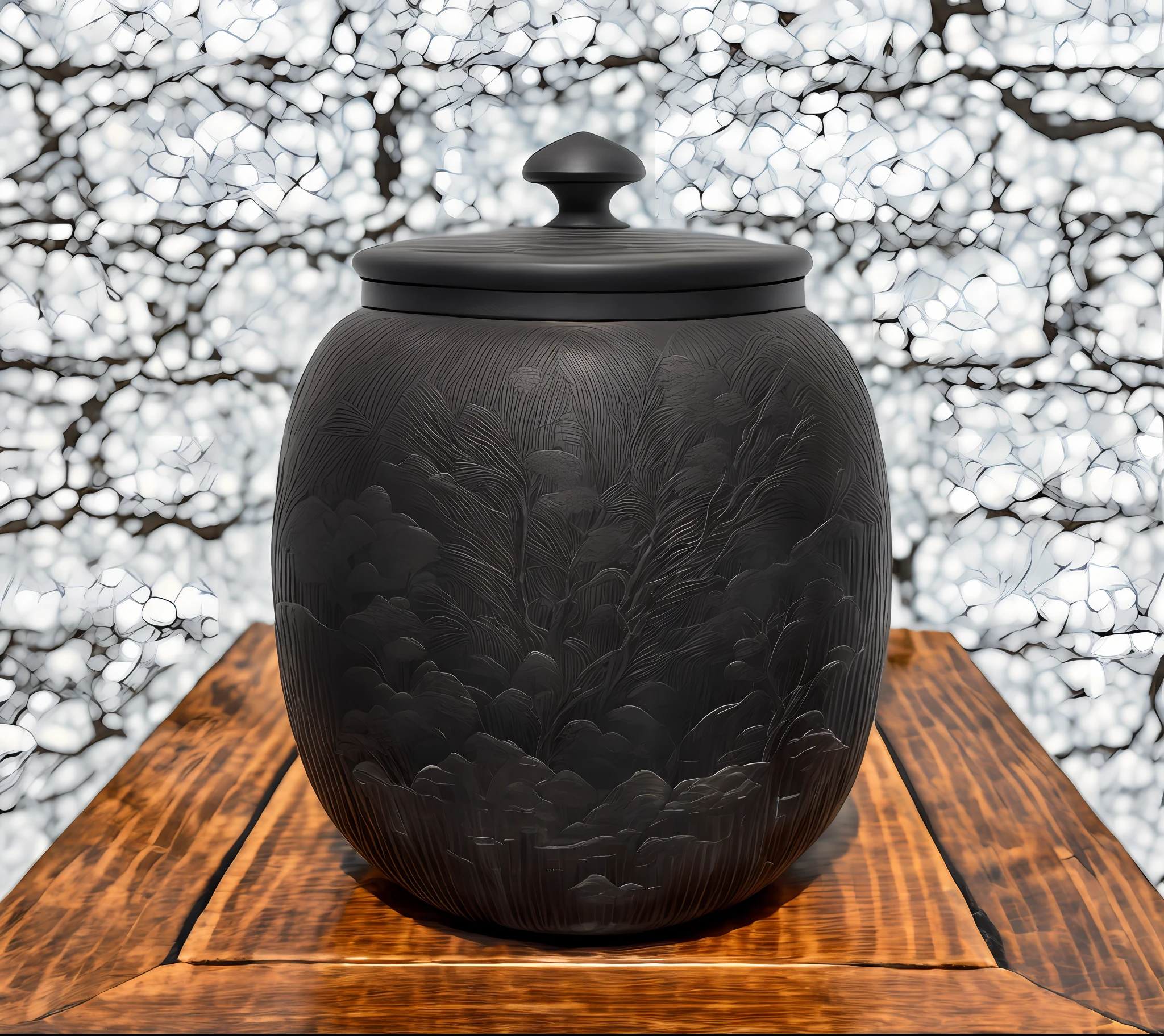 Black jar, jar with a small part of landscape painting ivory carving, texture layered, Japanese tea ceremony style, Zhang Daqian style, matte black texture, simple and clear background, real and delicate rendering quality, high resolution, 8k